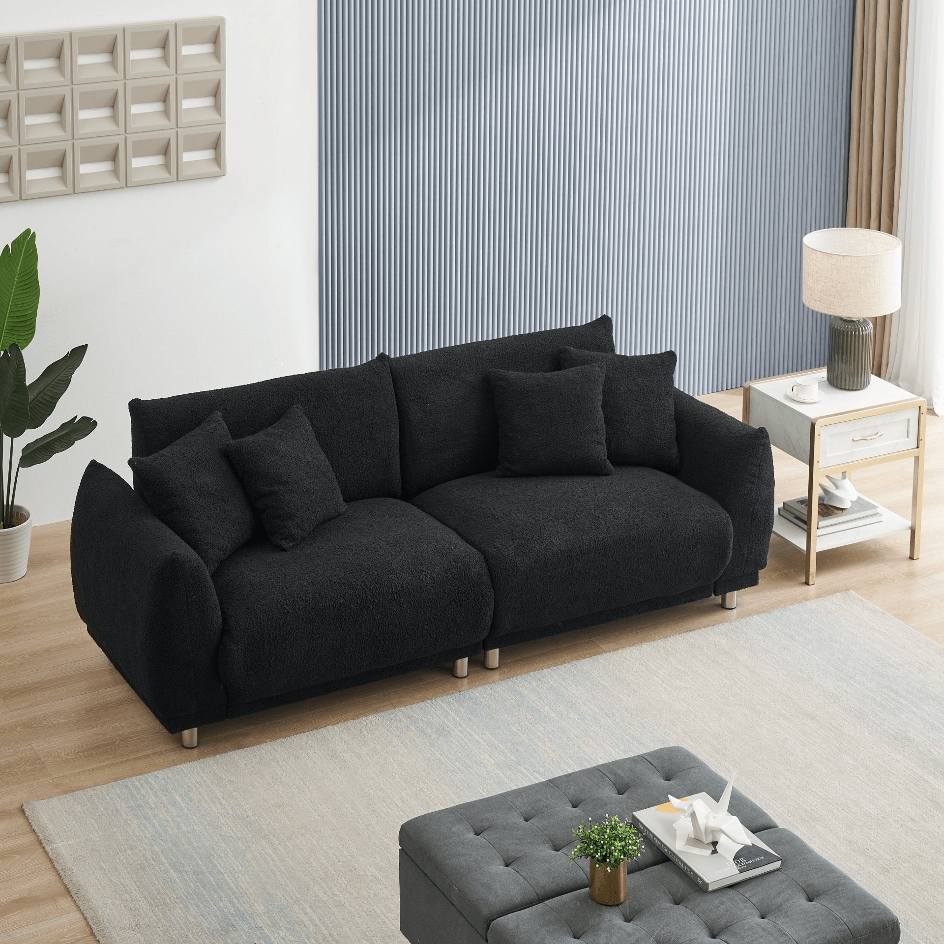 86.6 Inch Teddy Fleece Black Sofa with Four Throw Pillows - Compact, Comfortable, and Modern Seating for Apartments and Bedrooms - CurtisJ Designs