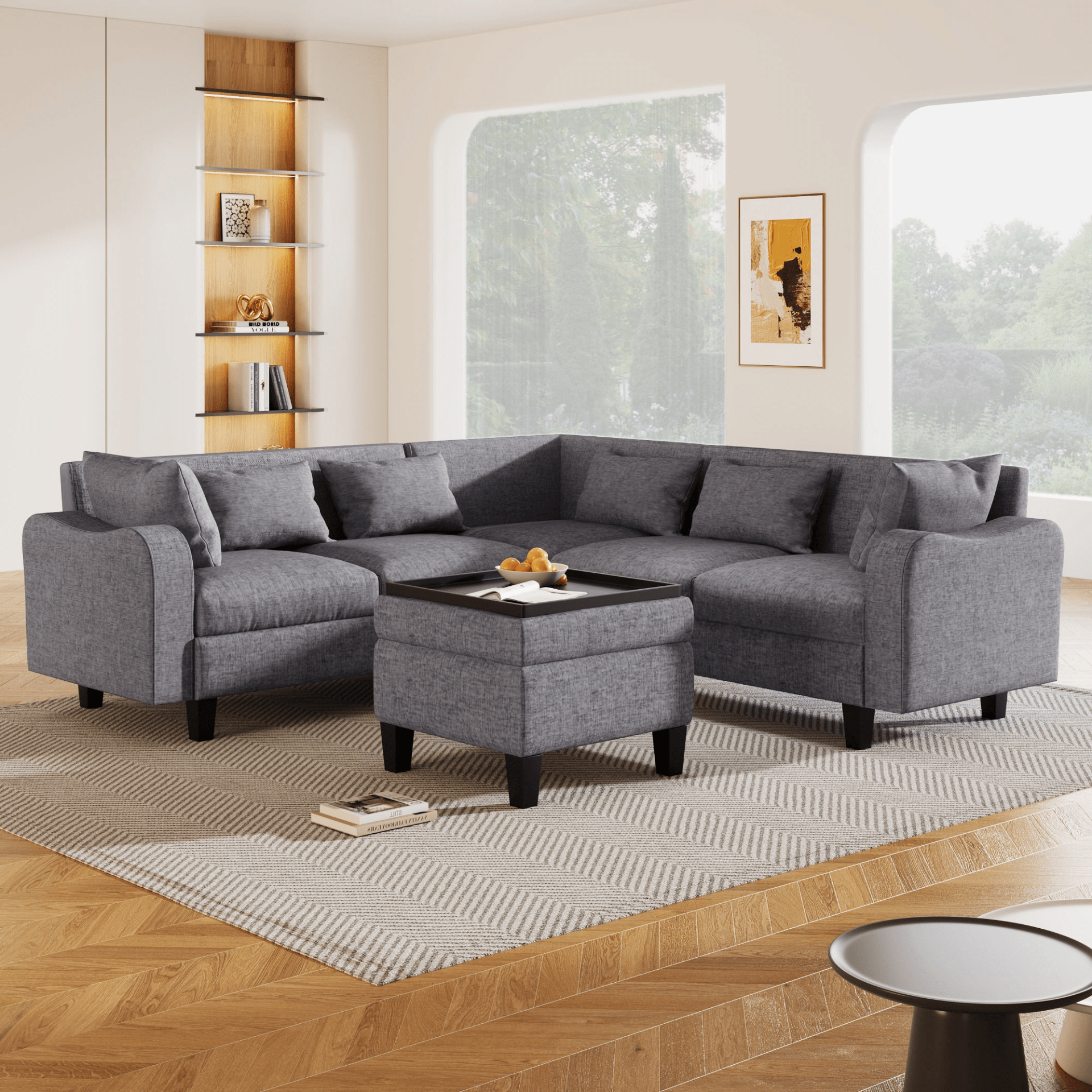 87" Modern Sectional Sofa with Coffee Table, 6 - Seat Couch Set with Storage Ottoman - CurtisJ Designs