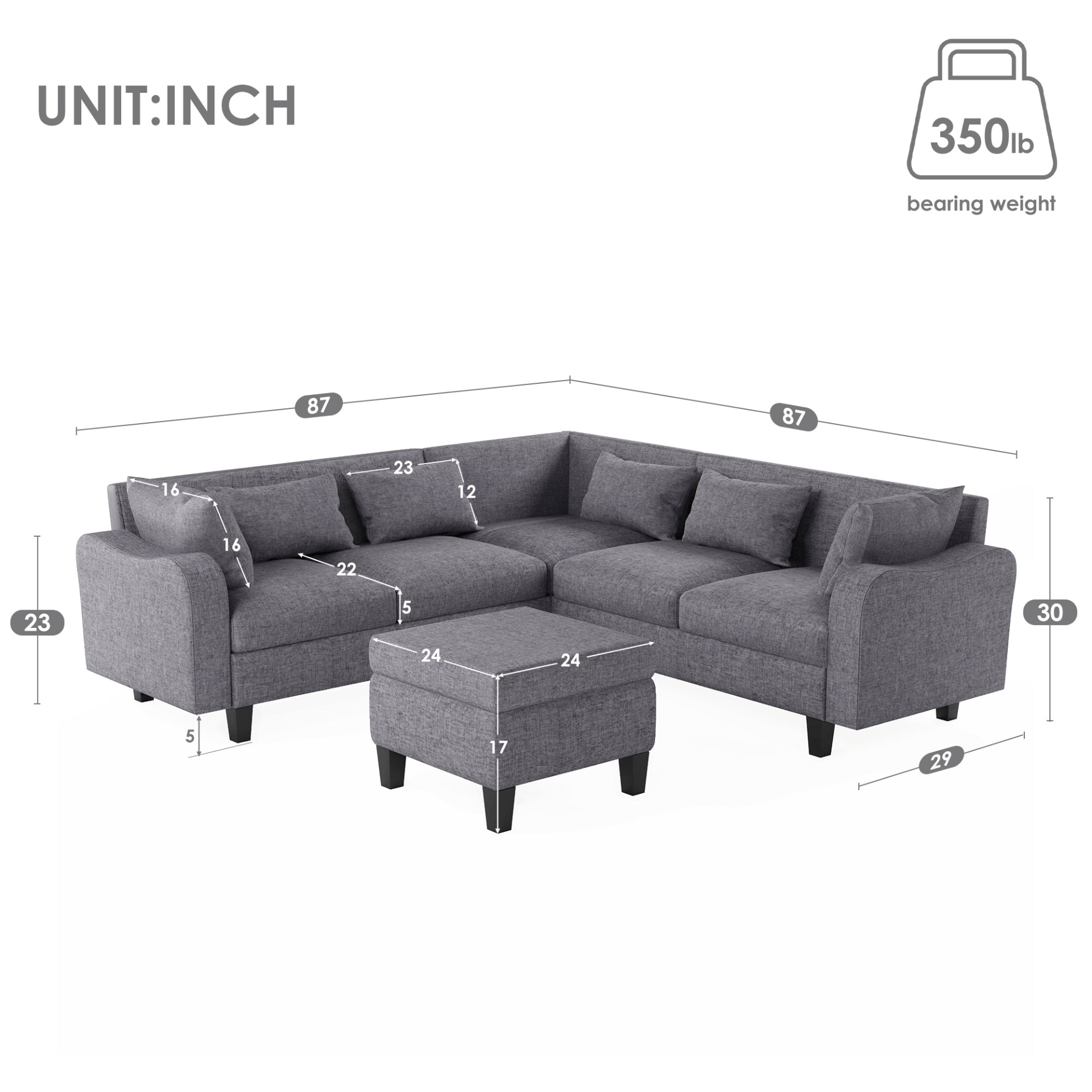 87" Modern Sectional Sofa with Coffee Table, 6 - Seat Couch Set with Storage Ottoman - CurtisJ Designs