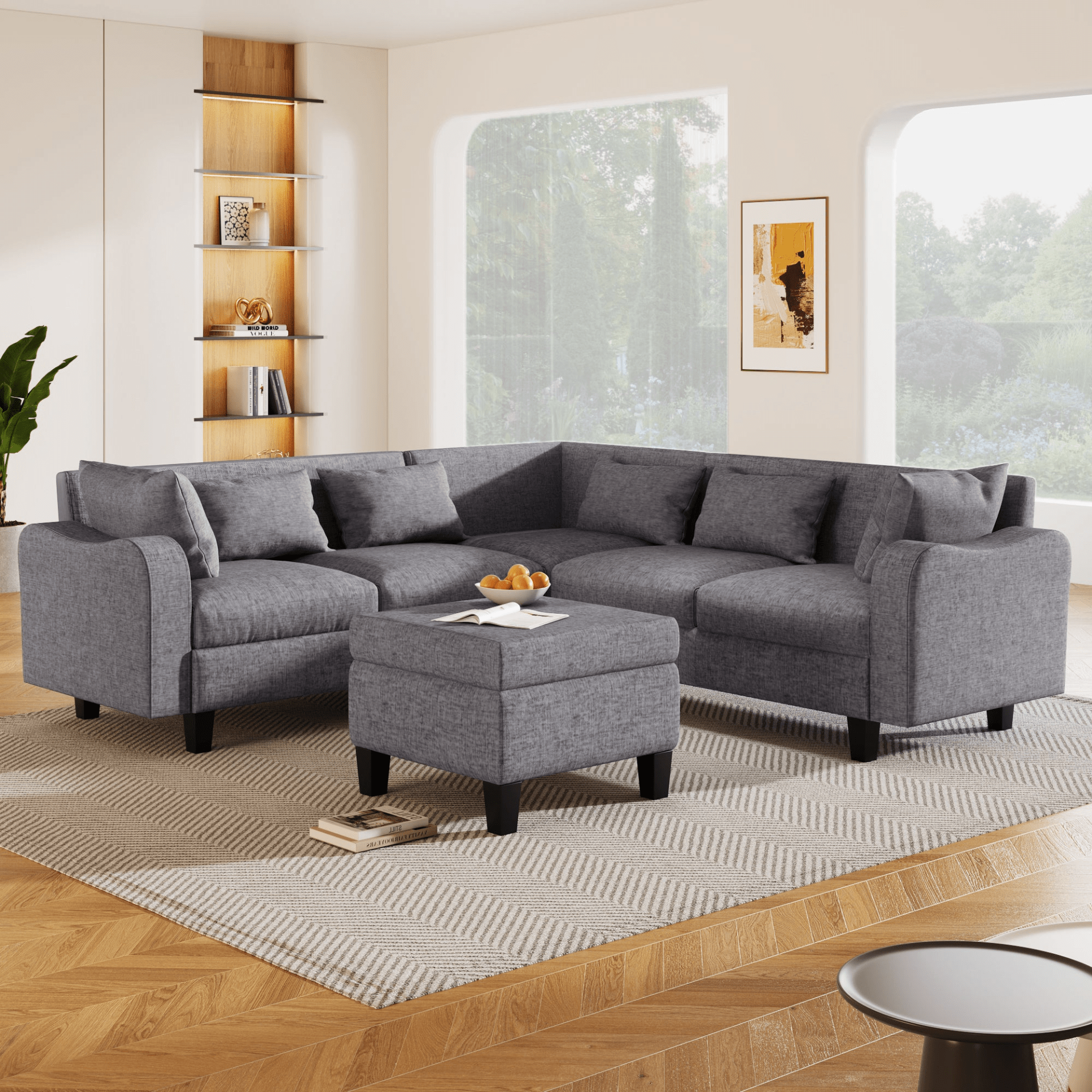 87" Modern Sectional Sofa with Coffee Table, 6 - Seat Couch Set with Storage Ottoman - CurtisJ Designs