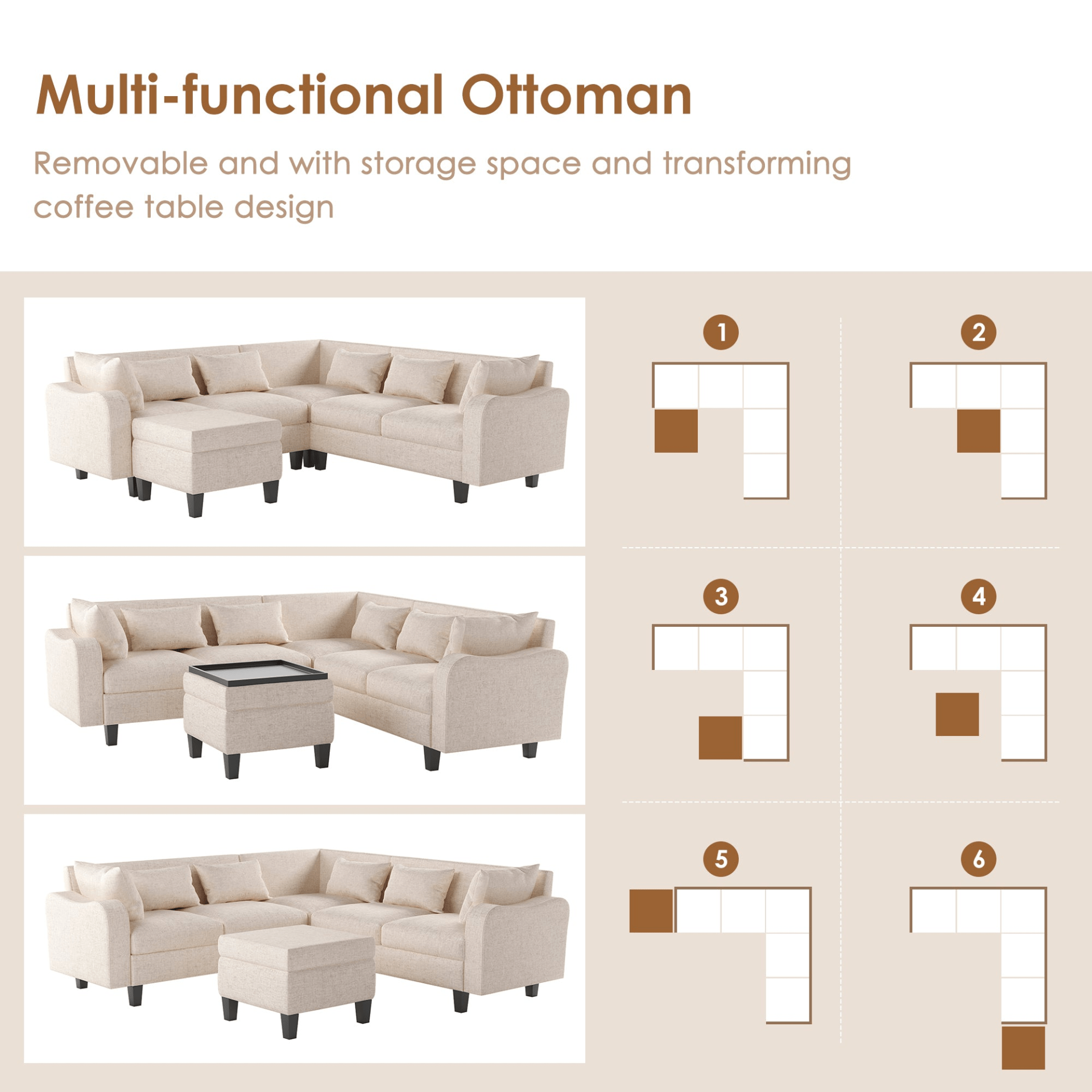 87" Modern Sectional Sofa with Coffee Table, 6 - Seat Couch Set with Storage Ottoman - CurtisJ Designs