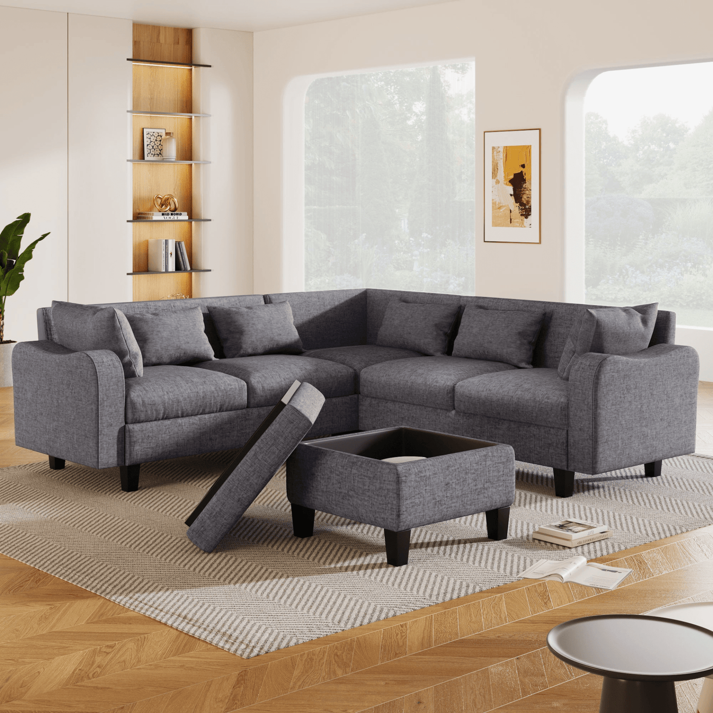 87" Modern Sectional Sofa with Coffee Table, 6 - Seat Couch Set with Storage Ottoman - CurtisJ Designs