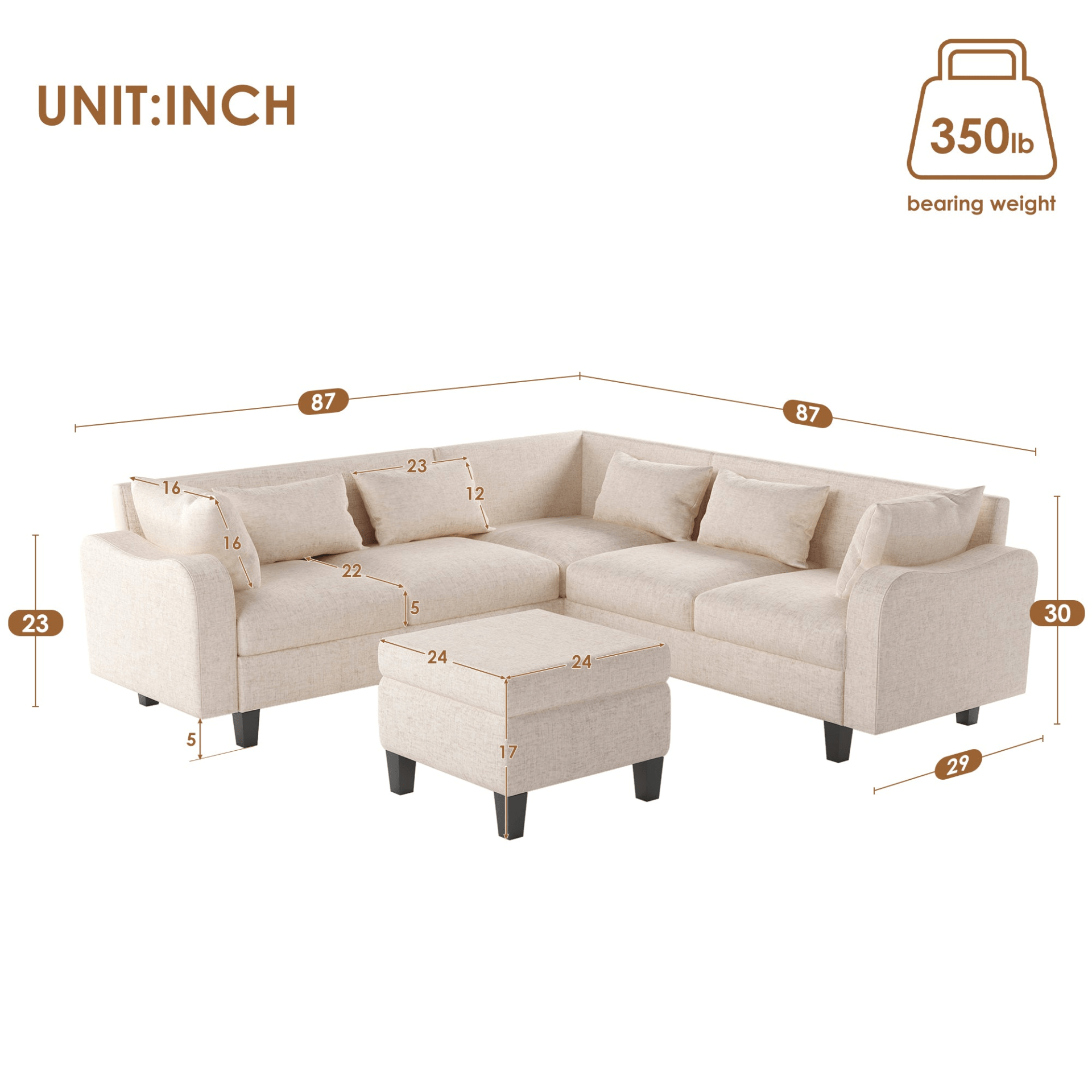 87" Modern Sectional Sofa with Coffee Table, 6 - Seat Couch Set with Storage Ottoman - CurtisJ Designs