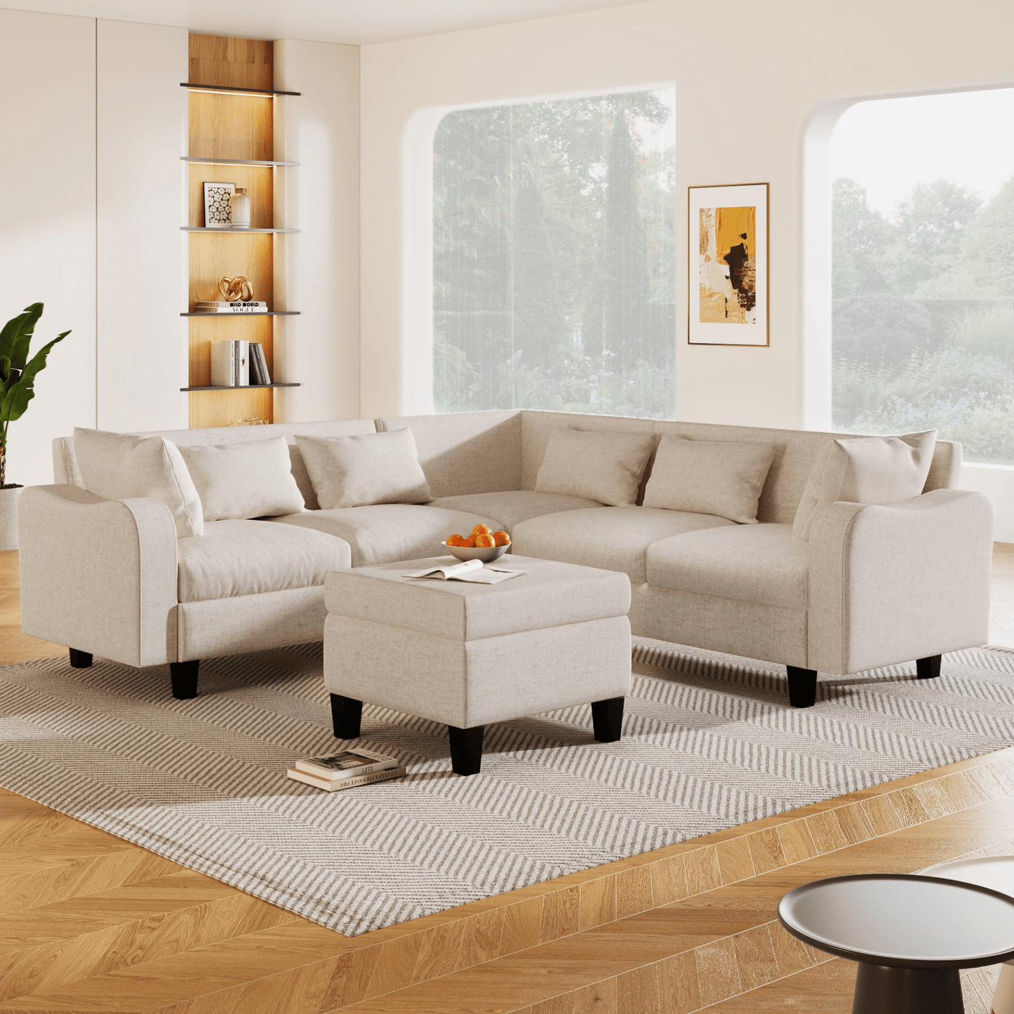 87" Modern Sectional Sofa with Coffee Table, 6 - Seat Couch Set with Storage Ottoman - CurtisJ Designs