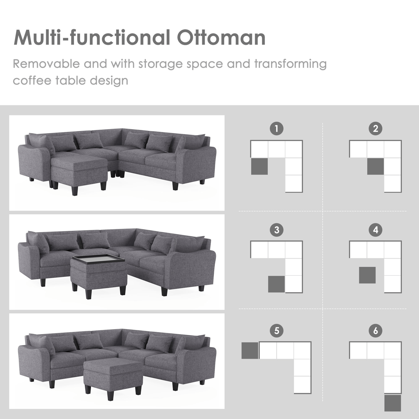 87" Modern Sectional Sofa with Coffee Table, 6 - Seat Couch Set with Storage Ottoman - CurtisJ Designs