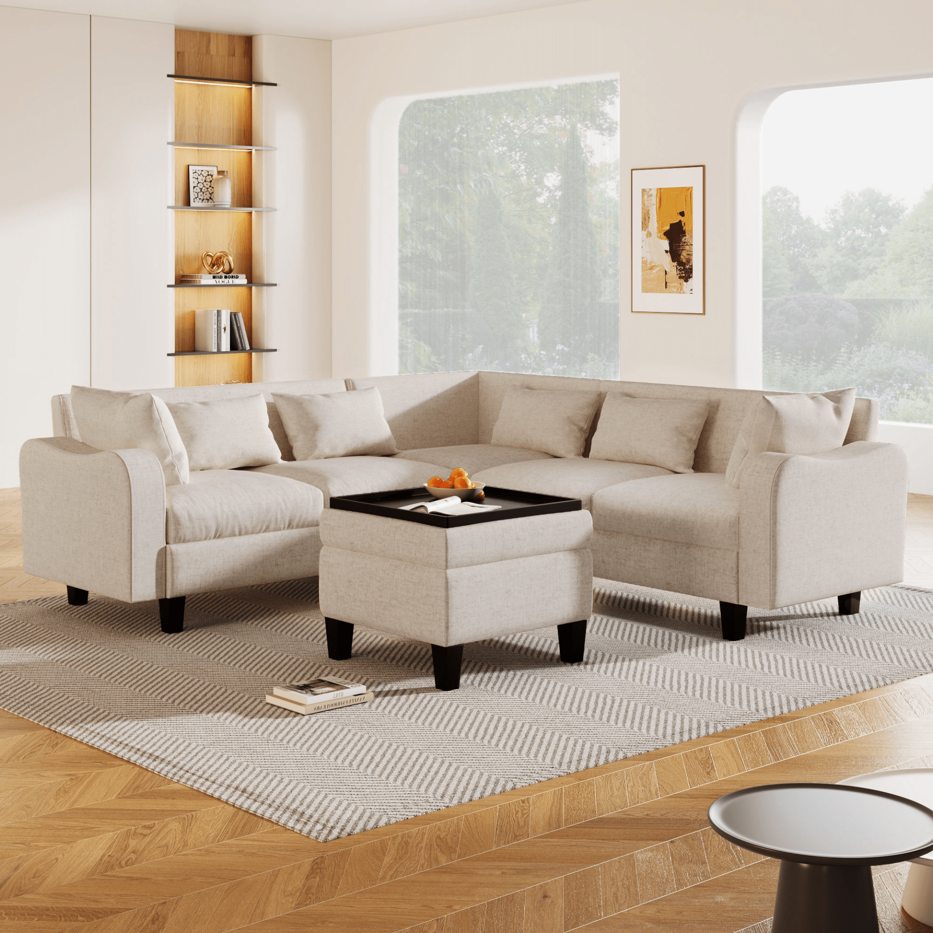 87" Modern Sectional Sofa with Coffee Table, 6 - Seat Couch Set with Storage Ottoman - CurtisJ Designs