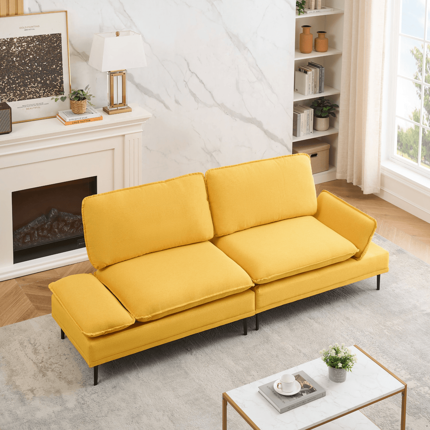 89 Inch Premium Soft Yellow Sofa in Cotton and Linen - Perfect for Apartments and Office Spaces - CurtisJ Designs