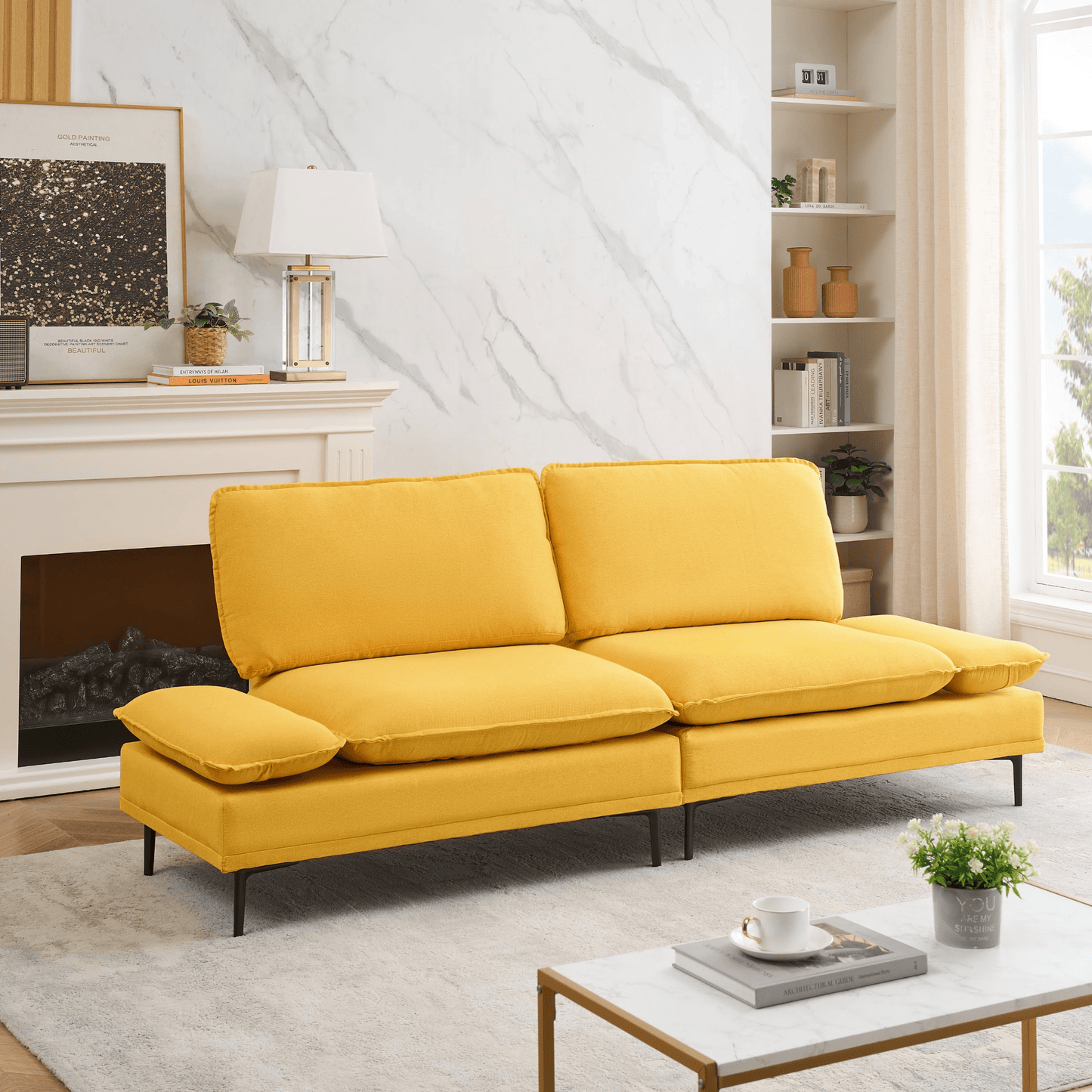 89 Inch Premium Soft Yellow Sofa in Cotton and Linen - Perfect for Apartments and Office Spaces - CurtisJ Designs