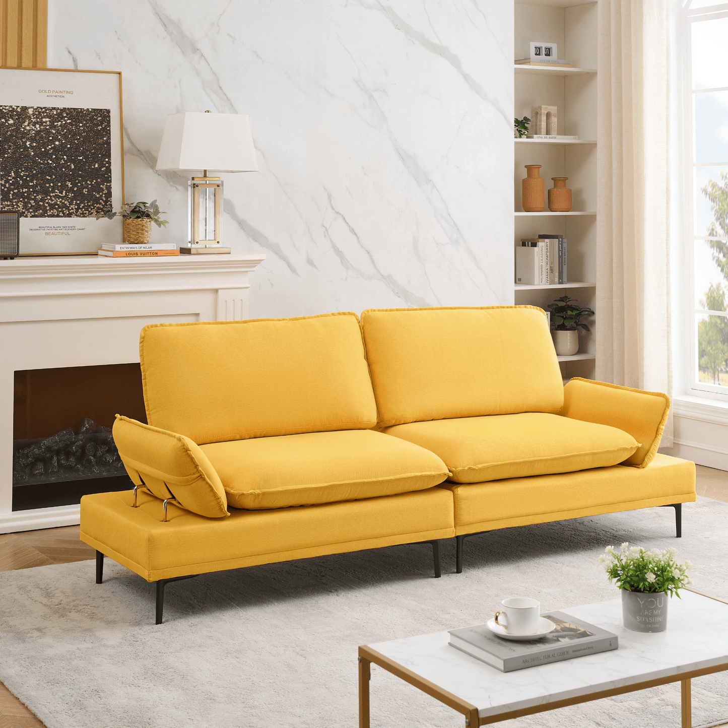 89 Inch Premium Soft Yellow Sofa in Cotton and Linen - Perfect for Apartments and Office Spaces - CurtisJ Designs