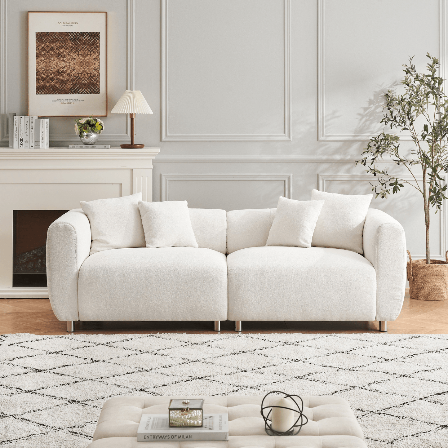 89 Inch White Sofa for Living Room - Fashionable 3 Seater with Metal Legs, Solid Wood Frame, and 4 Pillows - CurtisJ Designs