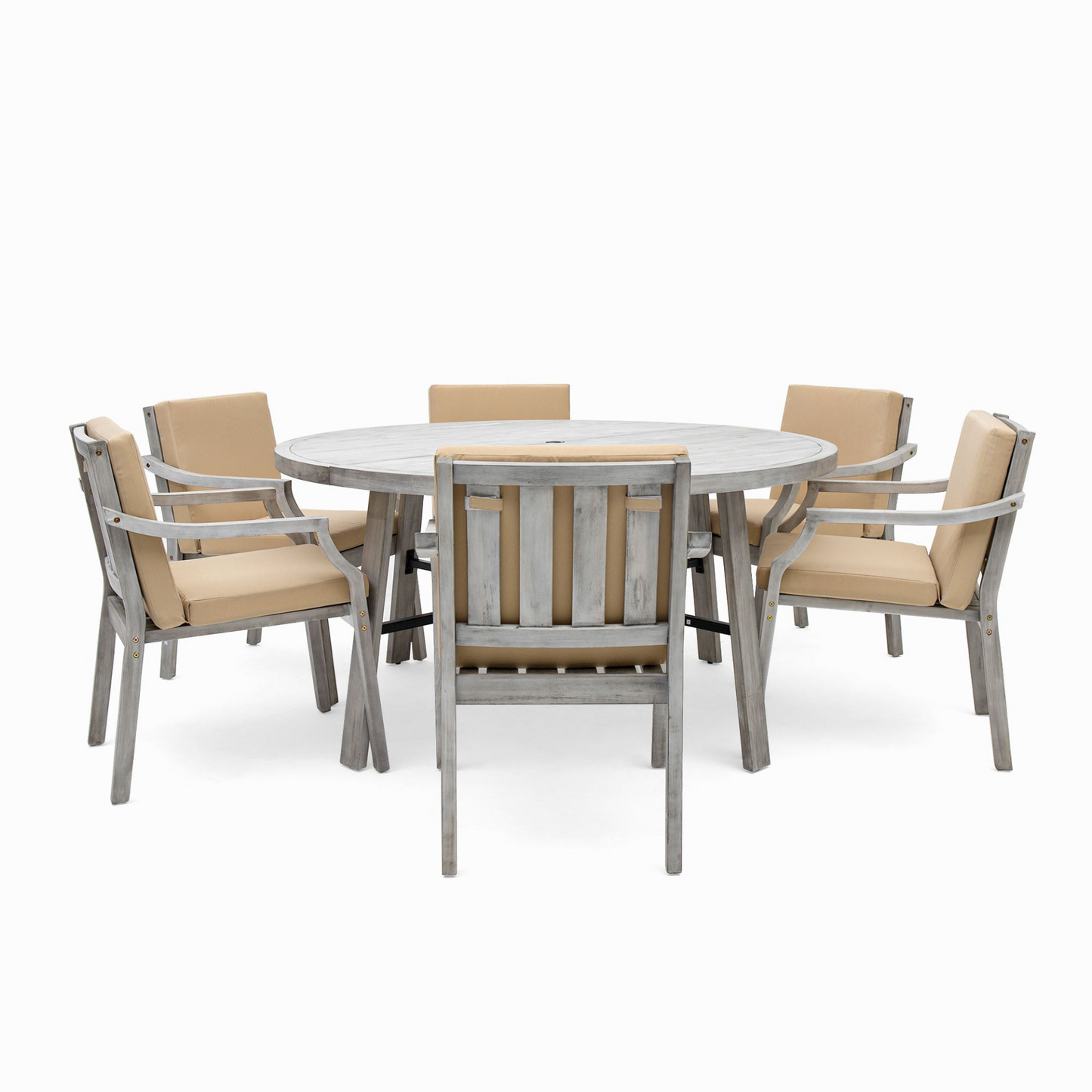 Antique Gray 6 - Person Outdoor Dining Set - Wooden Patio Table with Umbrella Hole and Cushions - CurtisJ Designs