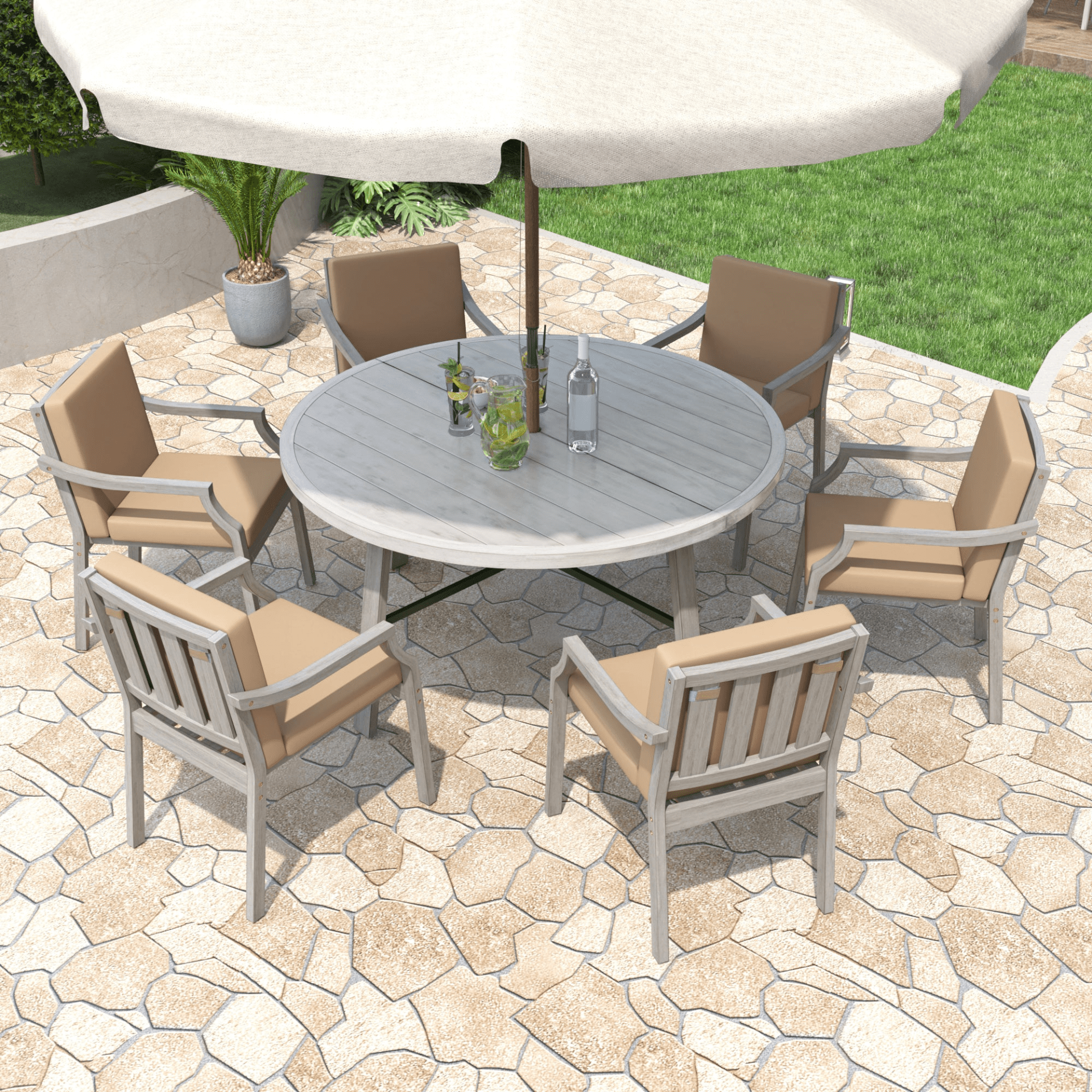 Antique Gray 6 - Person Outdoor Dining Set - Wooden Patio Table with Umbrella Hole and Cushions - CurtisJ Designs