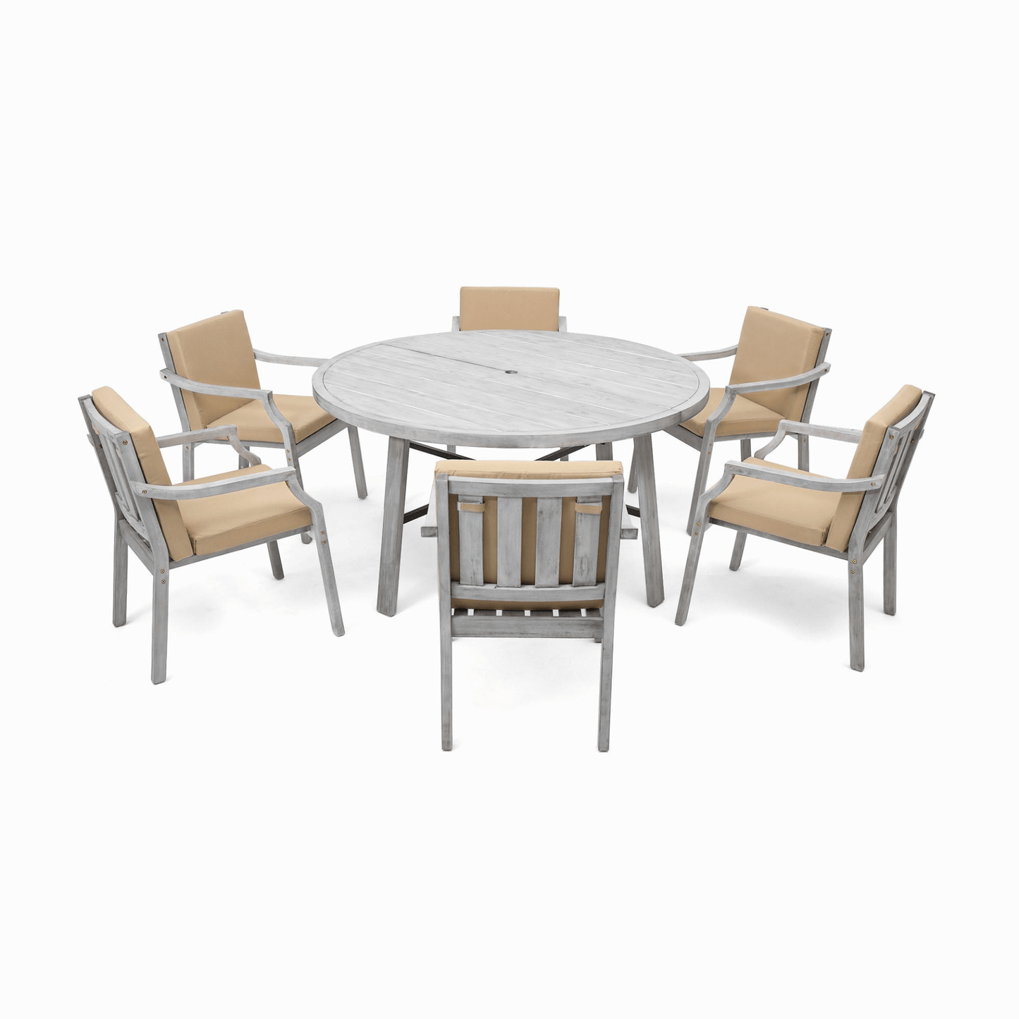 Antique Gray 6 - Person Outdoor Dining Set - Wooden Patio Table with Umbrella Hole and Cushions - CurtisJ Designs