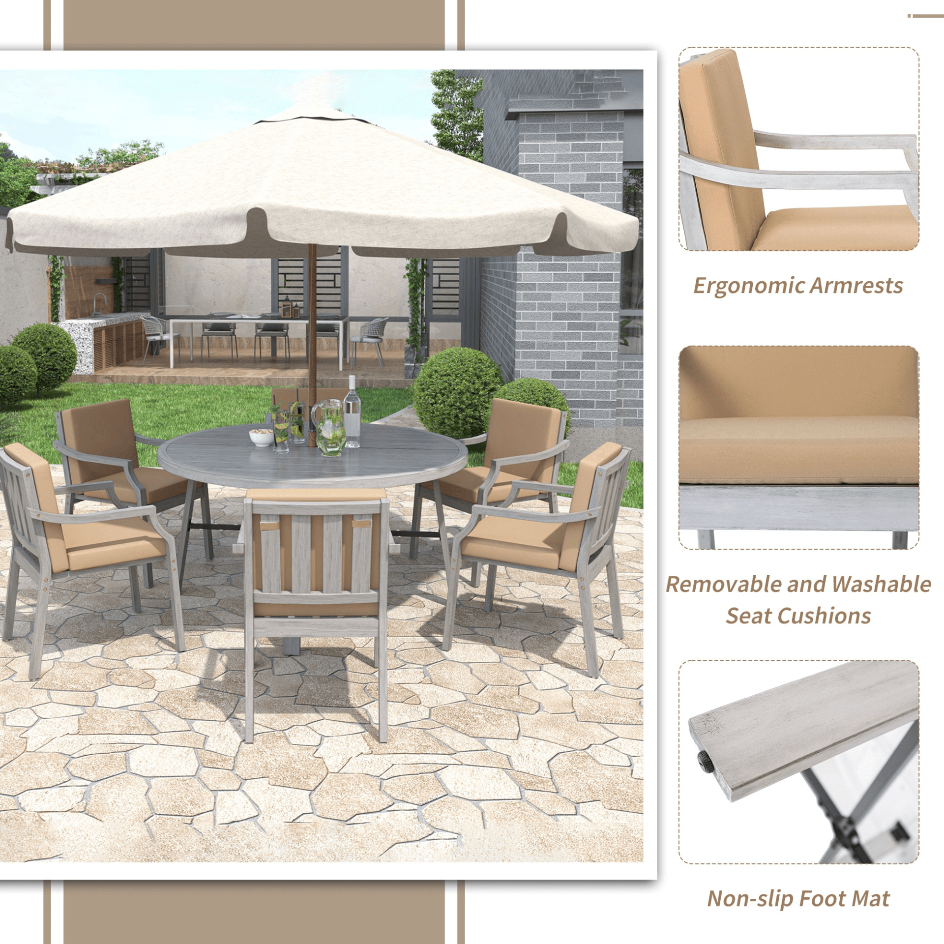 Antique Gray 6 - Person Outdoor Dining Set - Wooden Patio Table with Umbrella Hole and Cushions - CurtisJ Designs