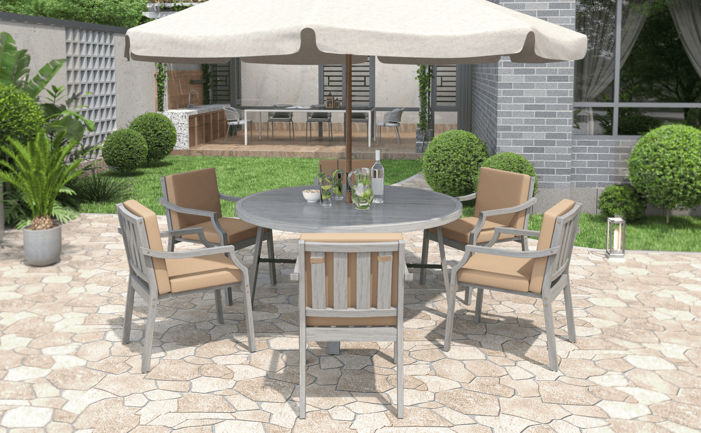 Antique Gray 6 - Person Outdoor Dining Set - Wooden Patio Table with Umbrella Hole and Cushions - CurtisJ Designs