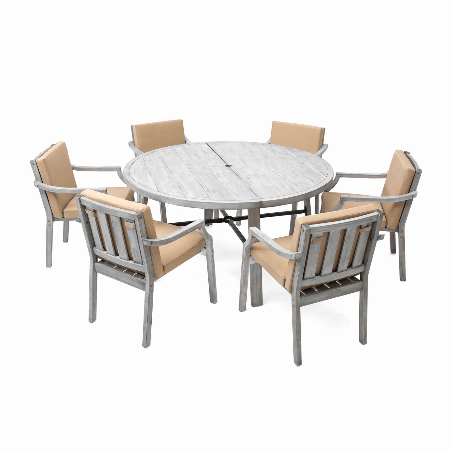 Antique Gray 6 - Person Outdoor Dining Set - Wooden Patio Table with Umbrella Hole and Cushions - CurtisJ Designs