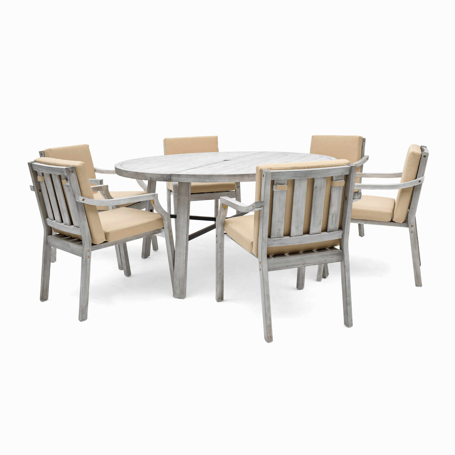 Antique Gray 6 - Person Outdoor Dining Set - Wooden Patio Table with Umbrella Hole and Cushions - CurtisJ Designs