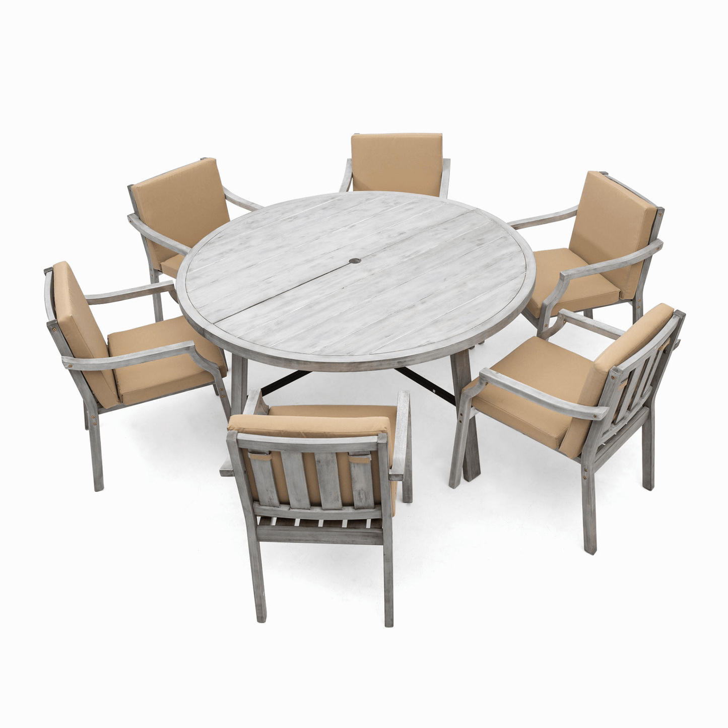 Antique Gray 6 - Person Outdoor Dining Set - Wooden Patio Table with Umbrella Hole and Cushions - CurtisJ Designs