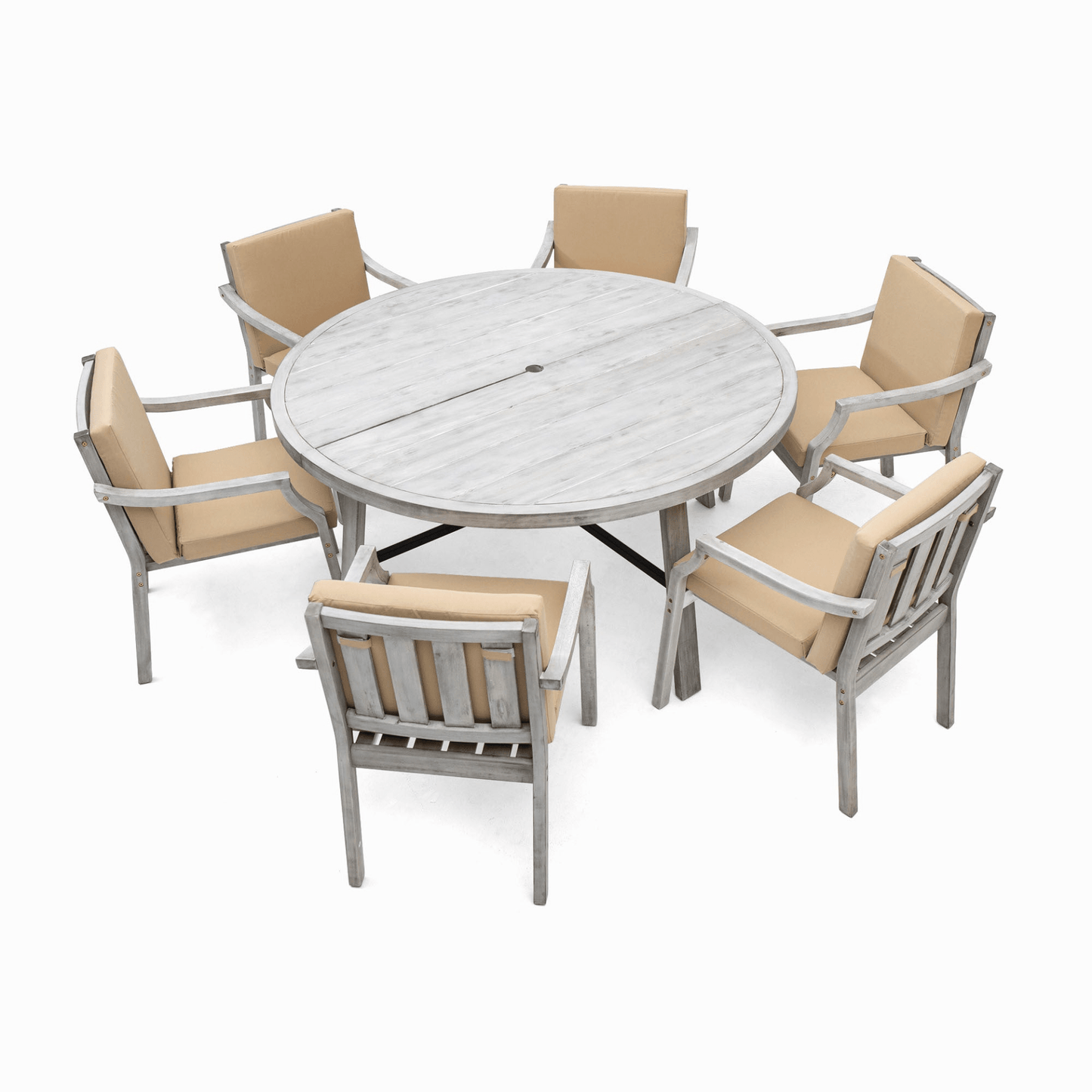 Antique Gray 6 - Person Outdoor Dining Set - Wooden Patio Table with Umbrella Hole and Cushions - CurtisJ Designs