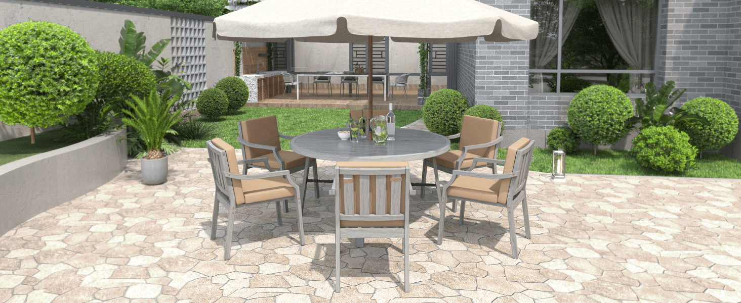 Antique Gray 6 - Person Outdoor Dining Set - Wooden Patio Table with Umbrella Hole and Cushions - CurtisJ Designs