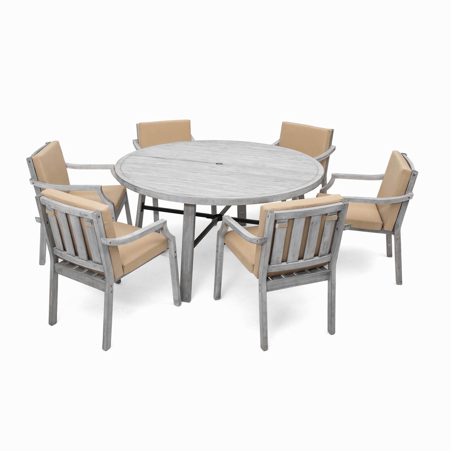 Antique Gray 6 - Person Outdoor Dining Set - Wooden Patio Table with Umbrella Hole and Cushions - CurtisJ Designs