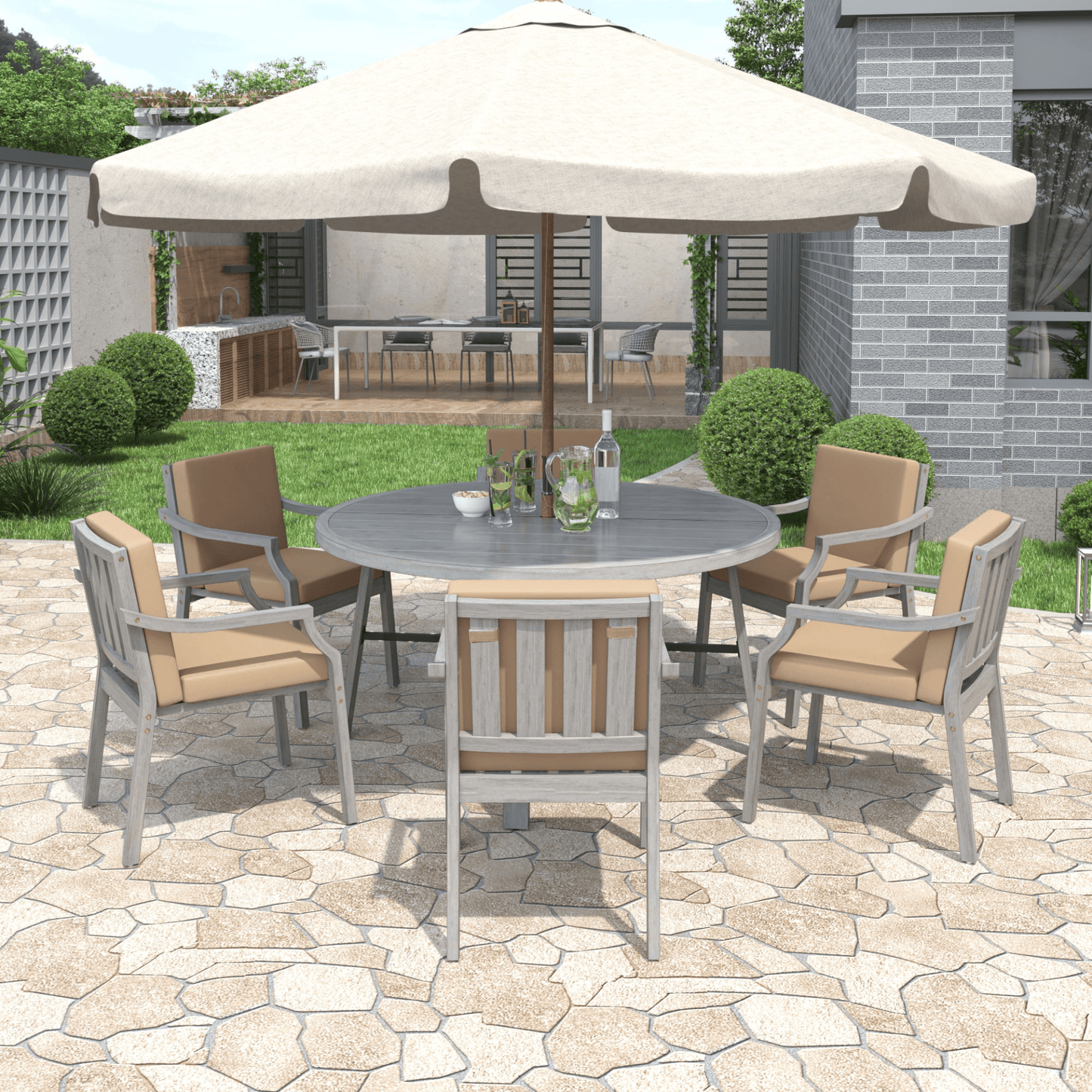 Antique Gray 6 - Person Outdoor Dining Set - Wooden Patio Table with Umbrella Hole and Cushions - CurtisJ Designs