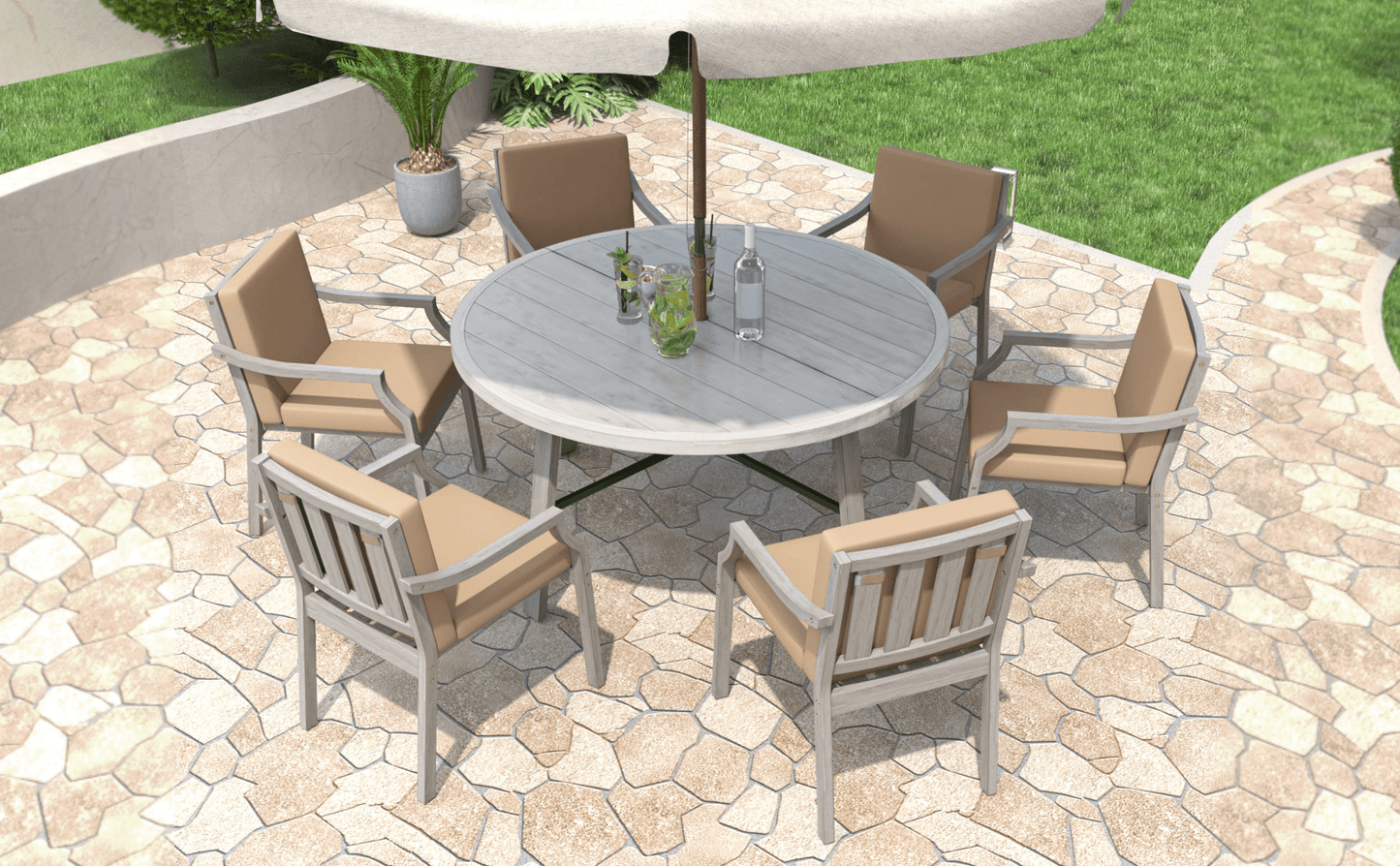 Antique Gray 6 - Person Outdoor Dining Set - Wooden Patio Table with Umbrella Hole and Cushions - CurtisJ Designs