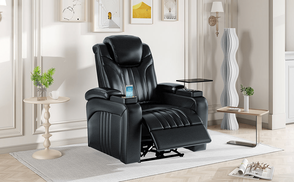 Black PU Leather Power Recliner with Adjustable Headrest, Wireless Charging & USB Port - Home Theater Recliner with Storage Arms, Cup Holder & Tray Table - CurtisJ Designs