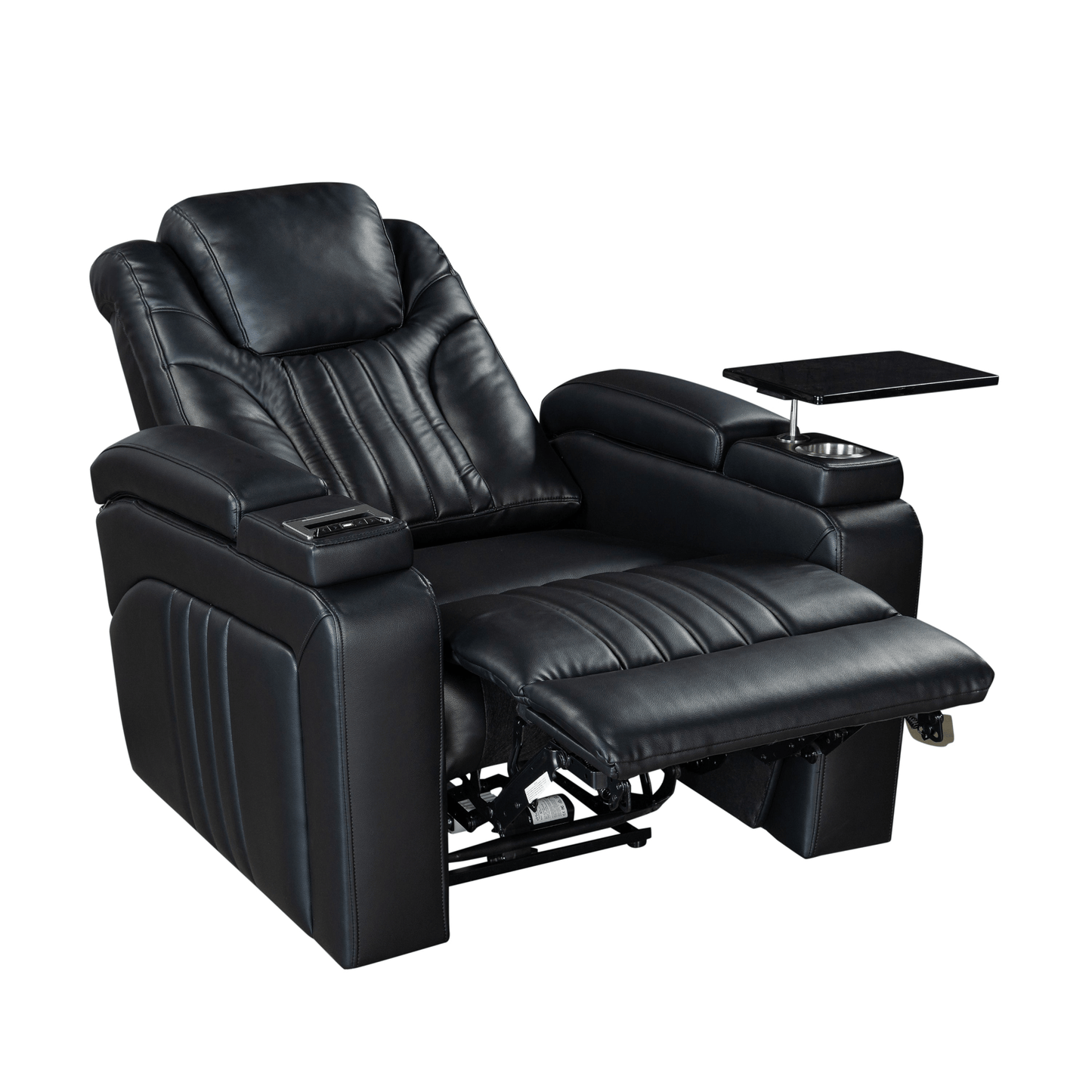 Black PU Leather Power Recliner with Adjustable Headrest, Wireless Charging & USB Port - Home Theater Recliner with Storage Arms, Cup Holder & Tray Table - CurtisJ Designs