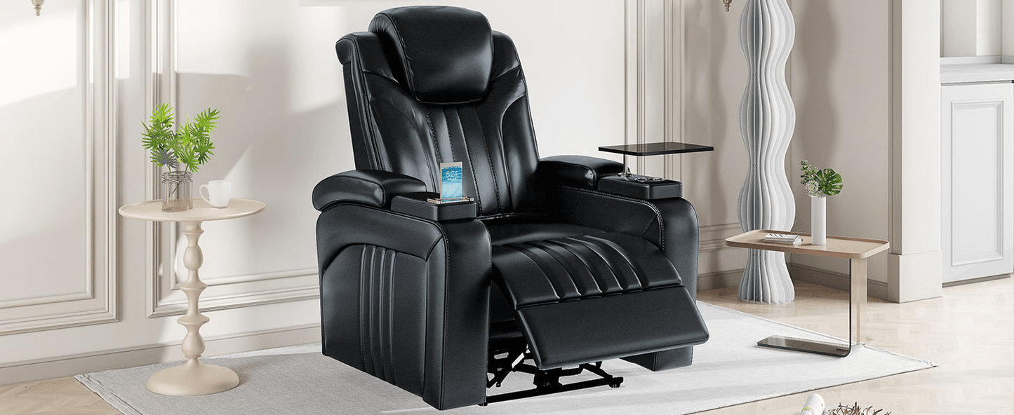 Black PU Leather Power Recliner with Adjustable Headrest, Wireless Charging & USB Port - Home Theater Recliner with Storage Arms, Cup Holder & Tray Table - CurtisJ Designs