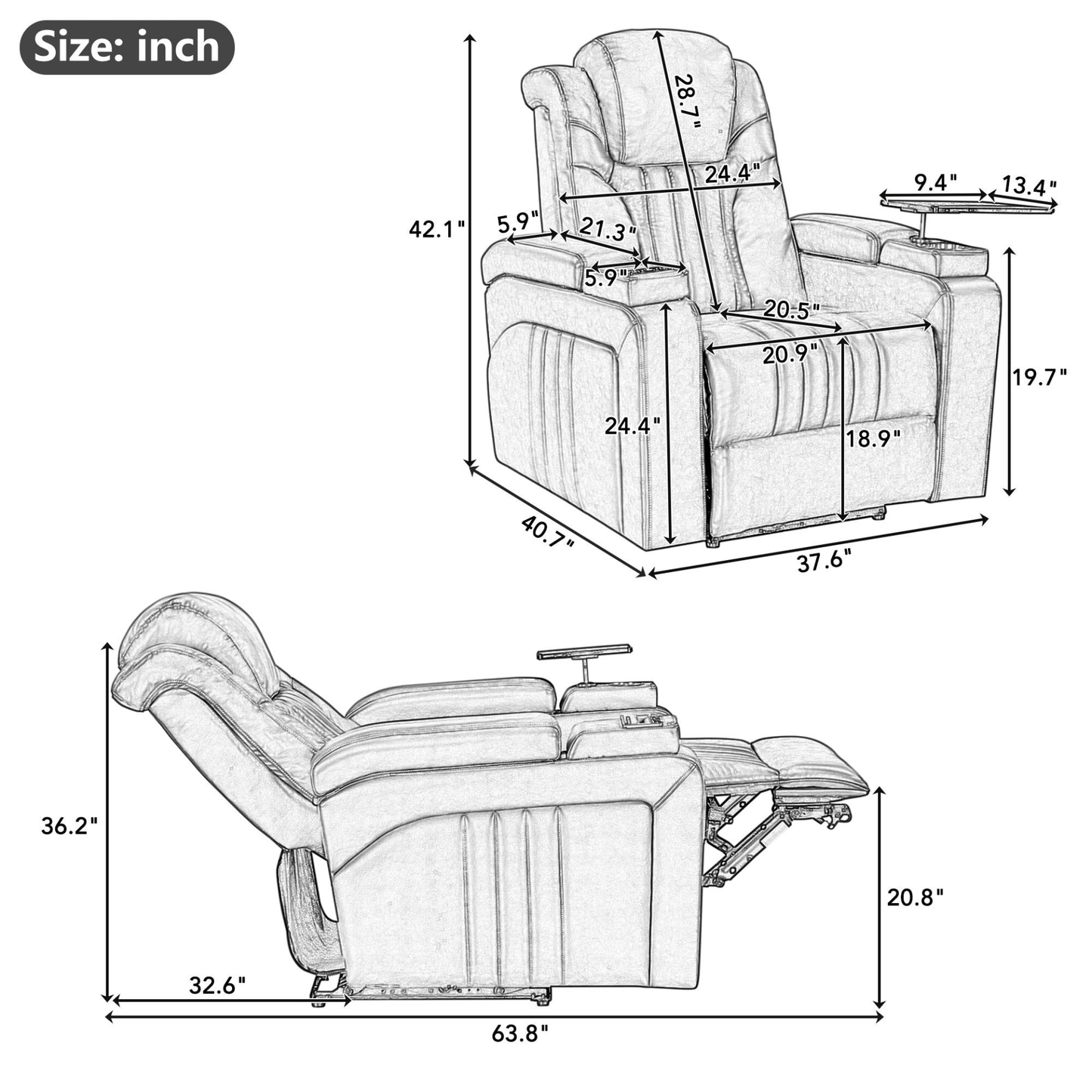 Black PU Leather Power Recliner with Adjustable Headrest, Wireless Charging & USB Port - Home Theater Recliner with Storage Arms, Cup Holder & Tray Table - CurtisJ Designs