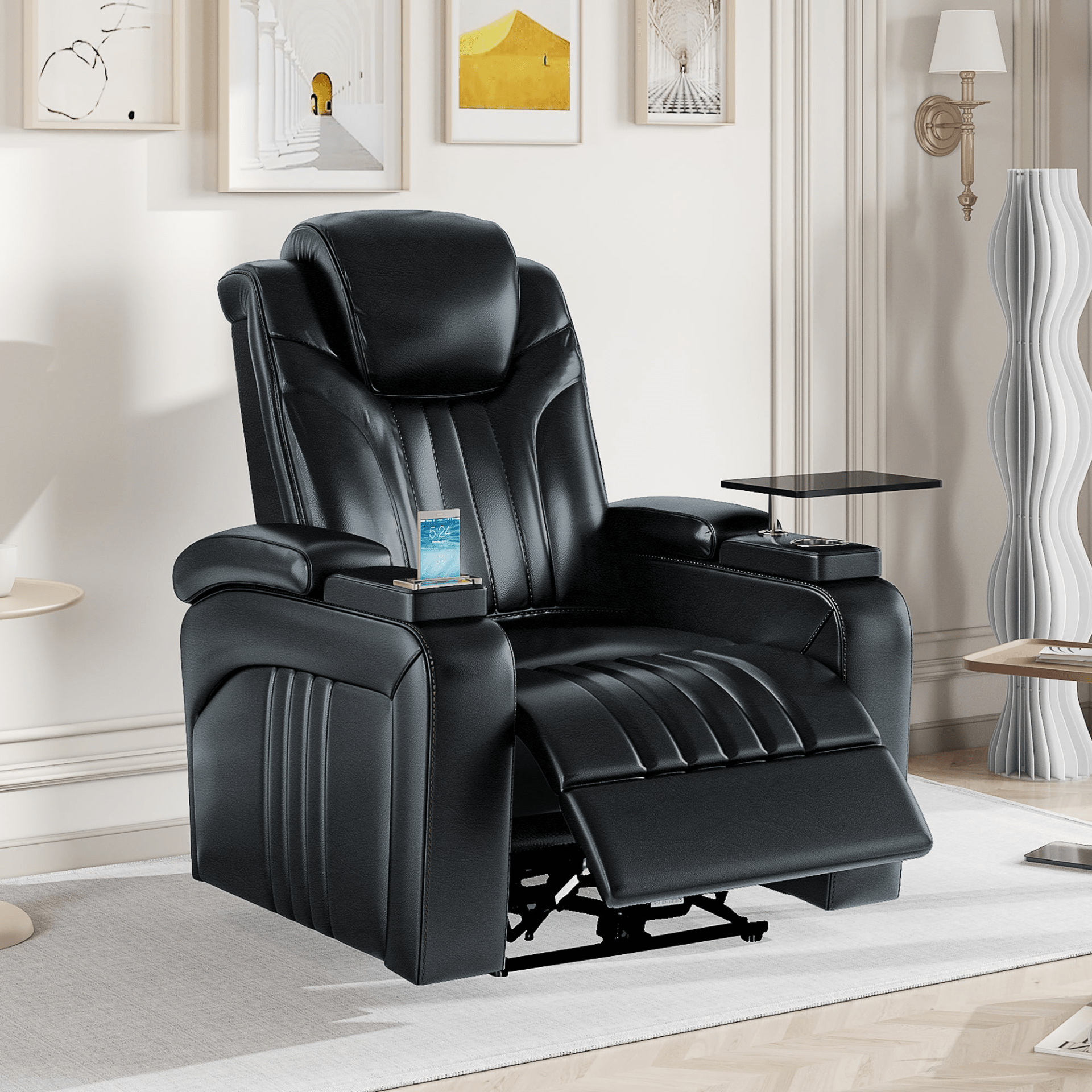 Black PU Leather Power Recliner with Adjustable Headrest, Wireless Charging & USB Port - Home Theater Recliner with Storage Arms, Cup Holder & Tray Table - CurtisJ Designs