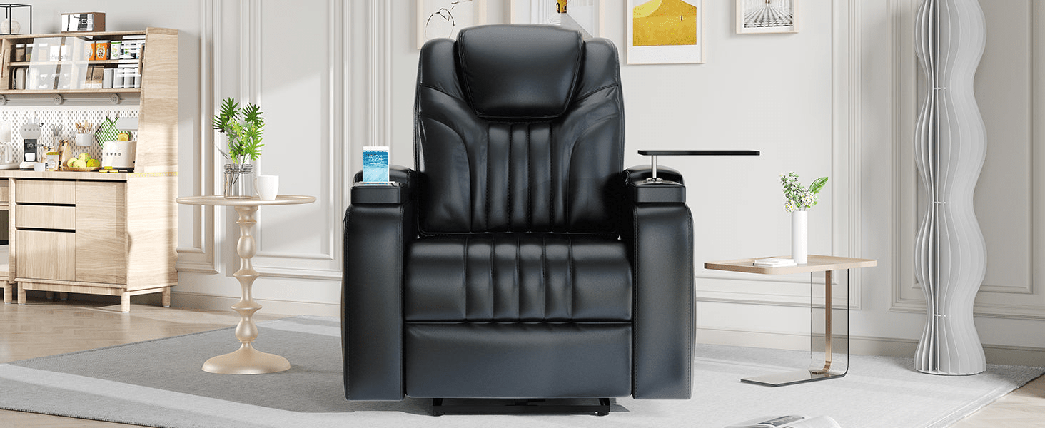 Black PU Leather Power Recliner with Adjustable Headrest, Wireless Charging & USB Port - Home Theater Recliner with Storage Arms, Cup Holder & Tray Table - CurtisJ Designs