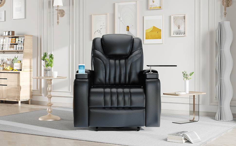 Black PU Leather Power Recliner with Adjustable Headrest, Wireless Charging & USB Port - Home Theater Recliner with Storage Arms, Cup Holder & Tray Table - CurtisJ Designs