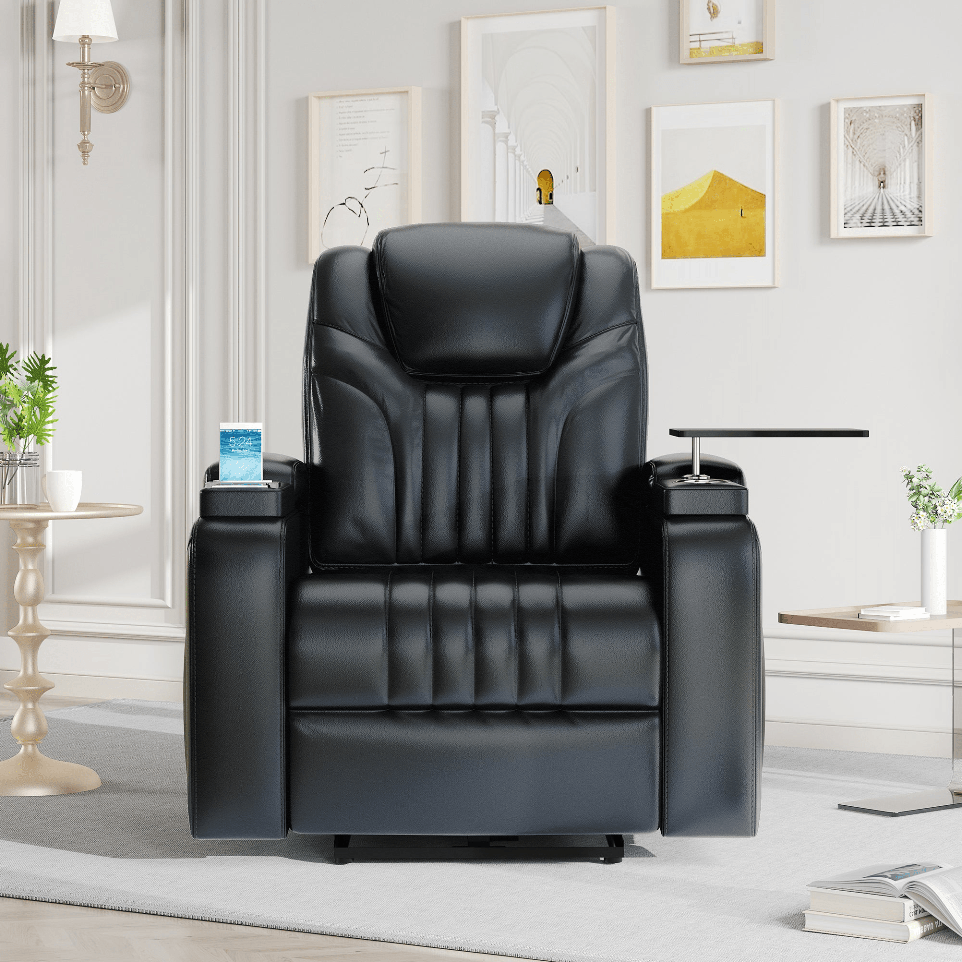 Black PU Leather Power Recliner with Adjustable Headrest, Wireless Charging & USB Port - Home Theater Recliner with Storage Arms, Cup Holder & Tray Table - CurtisJ Designs