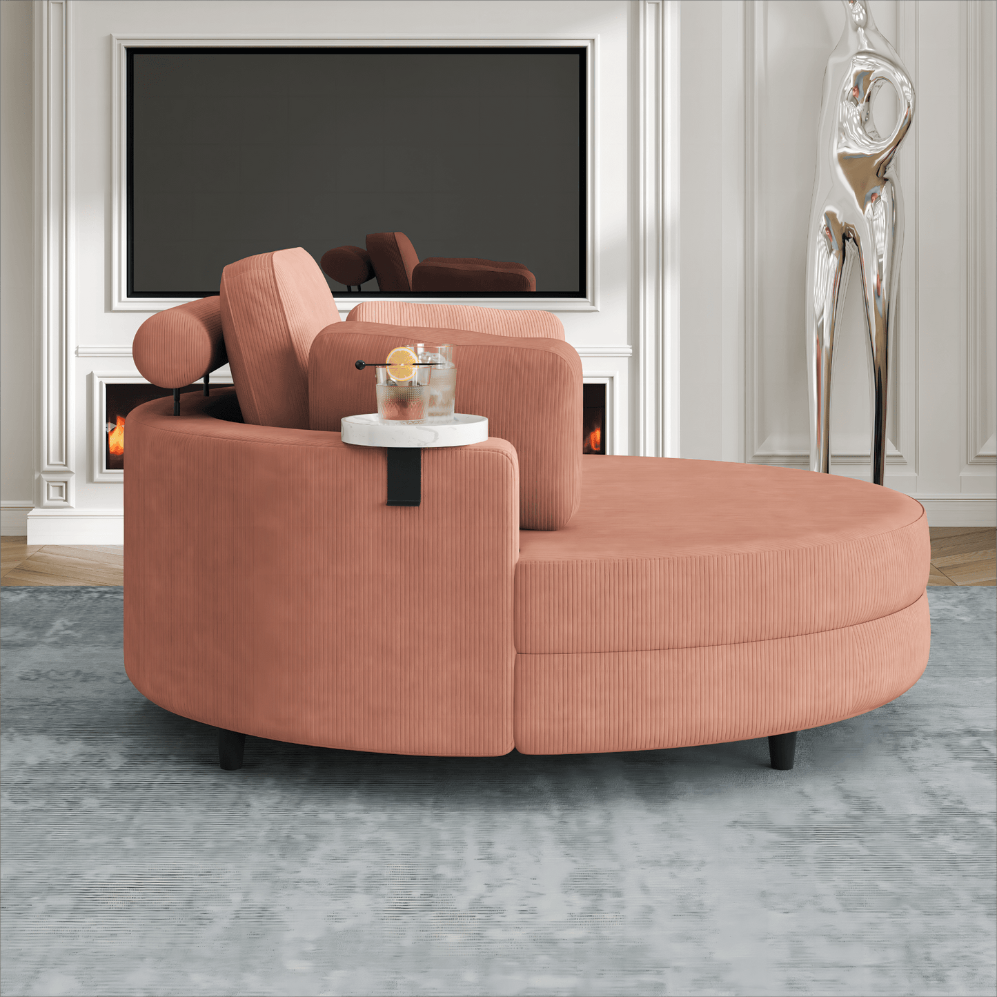 Comfortable 51 - inch Orange Corduroy Sofa with Adjustable Headrest, Throw Pillows, and Tray - Perfect for Small Apartments - CurtisJ Designs