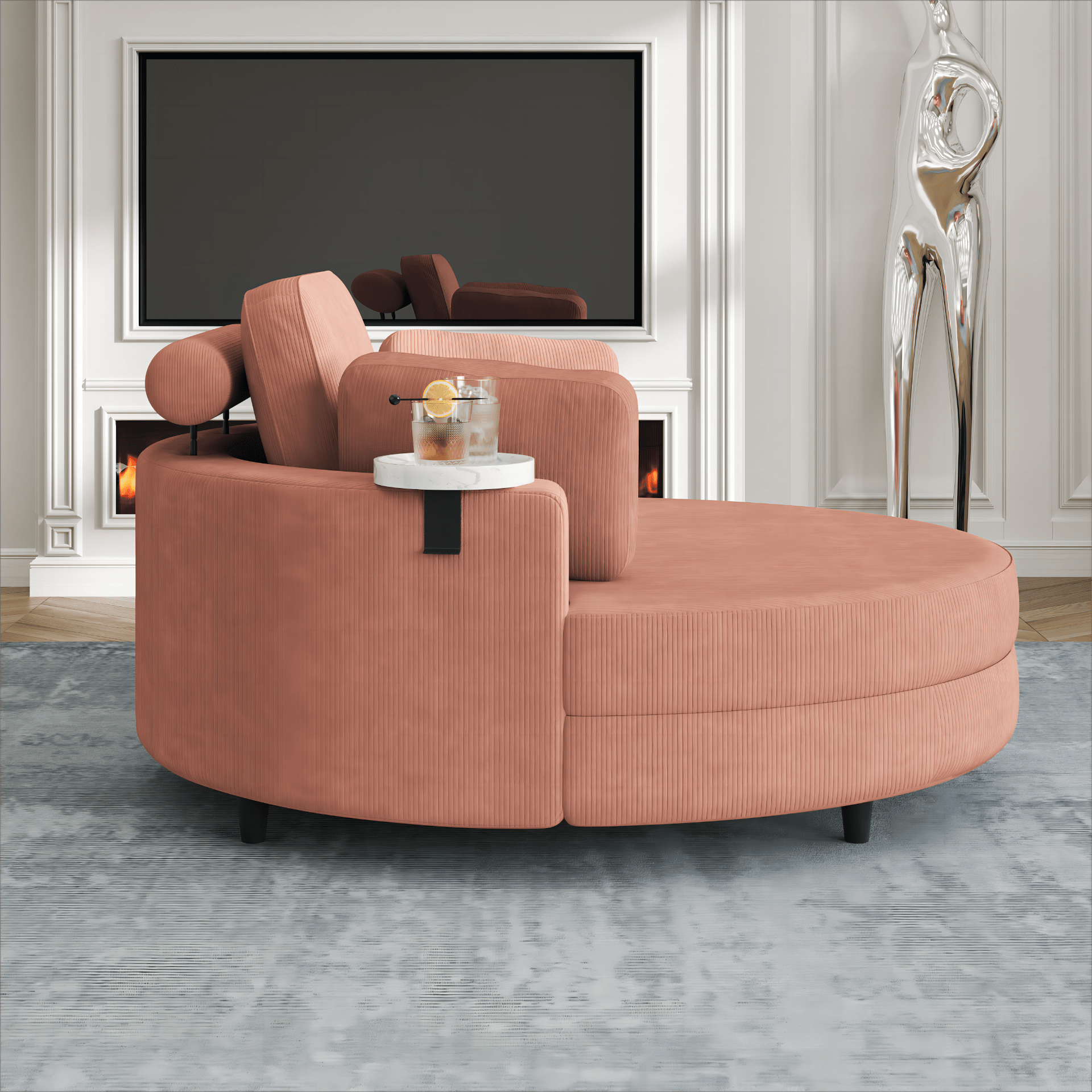 Comfortable 51 - inch Orange Corduroy Sofa with Adjustable Headrest, Throw Pillows, and Tray - Perfect for Small Apartments - CurtisJ Designs