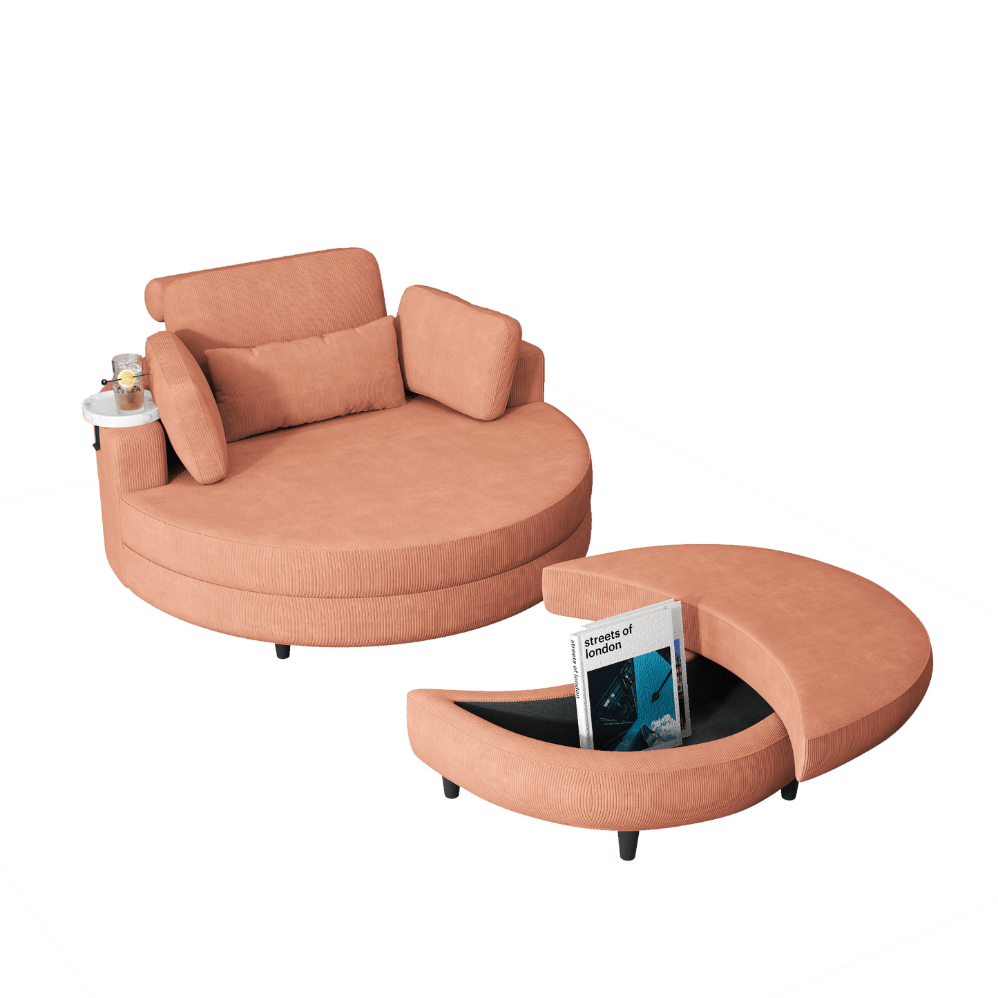 Comfortable 51 - inch Orange Corduroy Sofa with Adjustable Headrest, Throw Pillows, and Tray - Perfect for Small Apartments - CurtisJ Designs