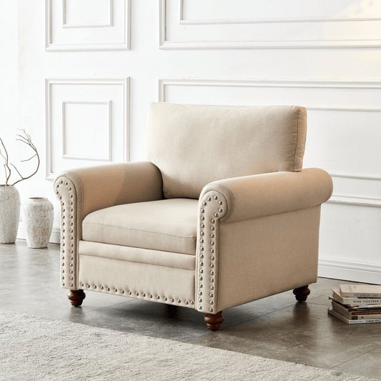 Comfortable Living Room Sofa Single Seat Chair with Wood Leg Beige Fabric - CurtisJ Designs