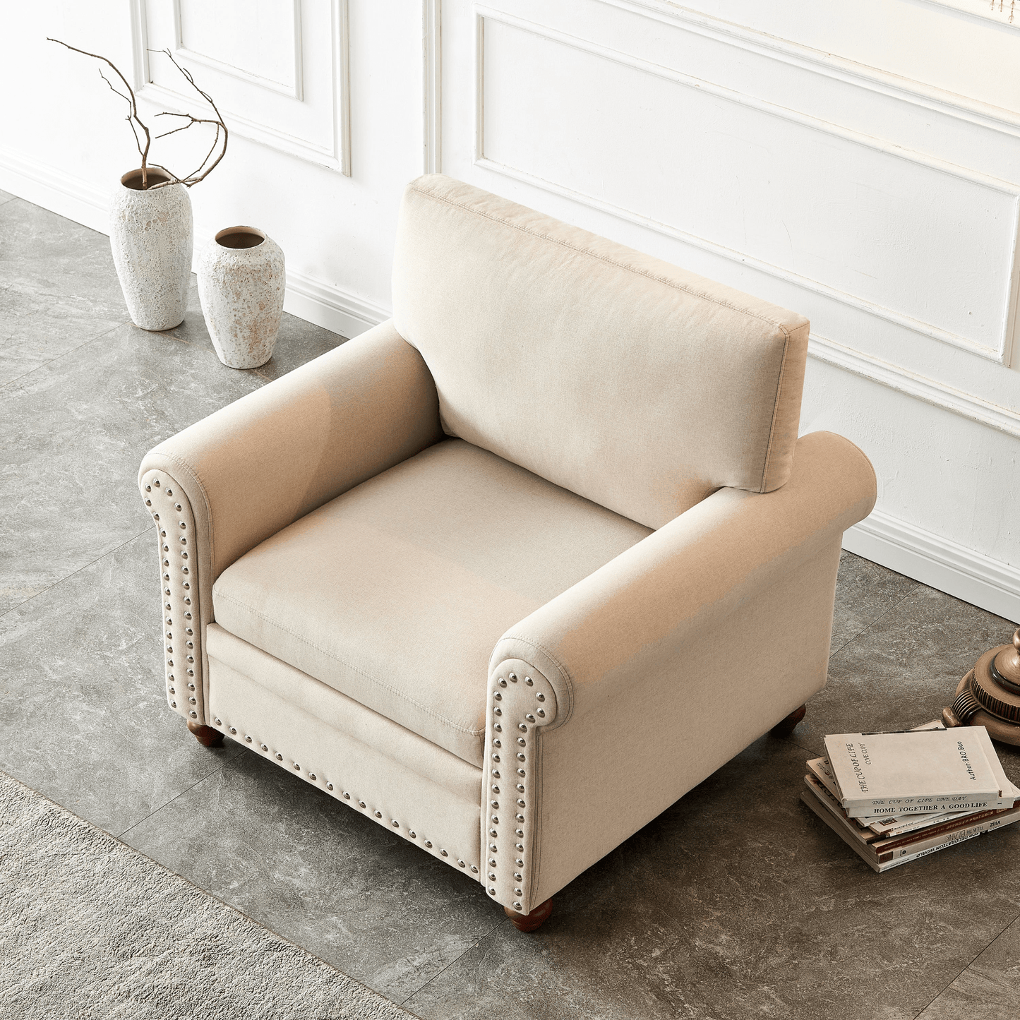 Comfortable Living Room Sofa Single Seat Chair with Wood Leg Beige Fabric - CurtisJ Designs