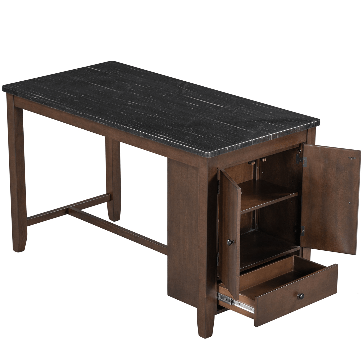 Counter Height 5 - piece Dining Table Set with Faux Marble Tabletop, Solid Wood Table Set with Storage Cabinet and Drawer, Dark walnut - CurtisJ Designs