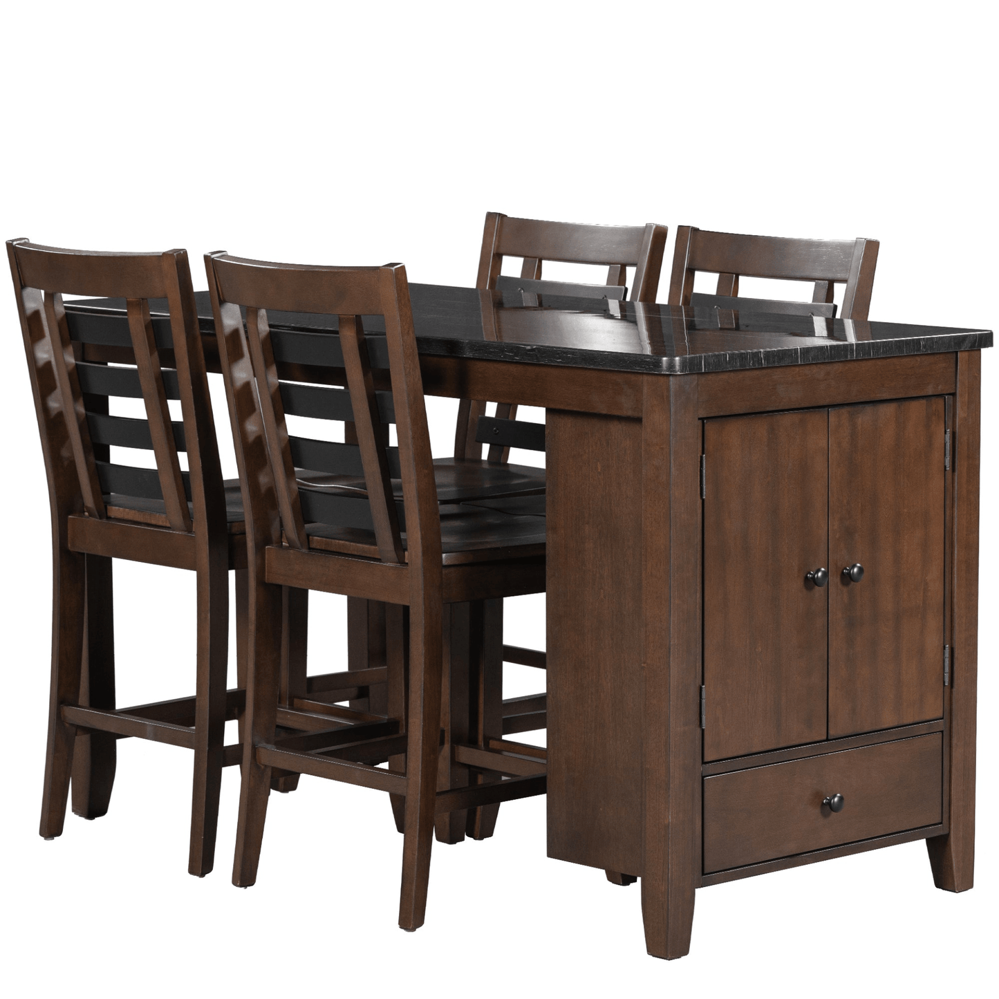 Counter Height 5 - piece Dining Table Set with Faux Marble Tabletop, Solid Wood Table Set with Storage Cabinet and Drawer, Dark walnut - CurtisJ Designs