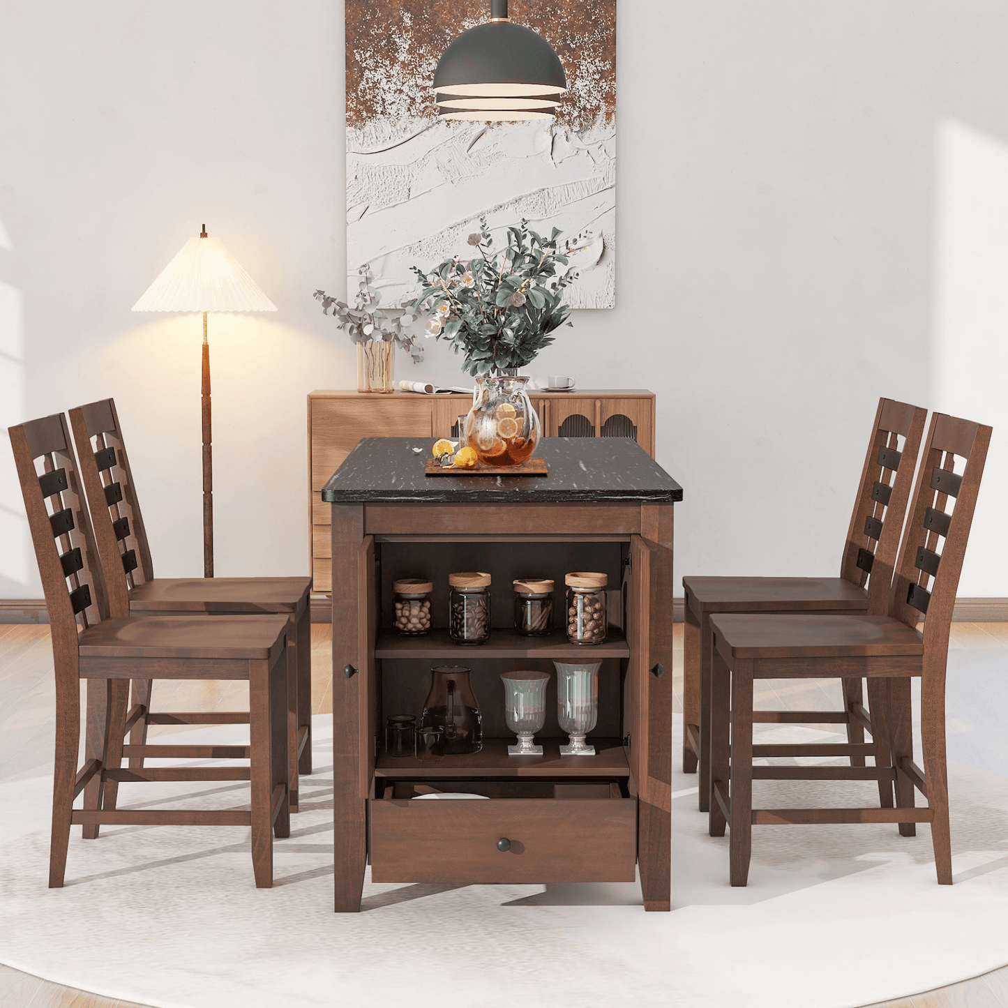 Counter Height 5 - piece Dining Table Set with Faux Marble Tabletop, Solid Wood Table Set with Storage Cabinet and Drawer, Dark walnut - CurtisJ Designs