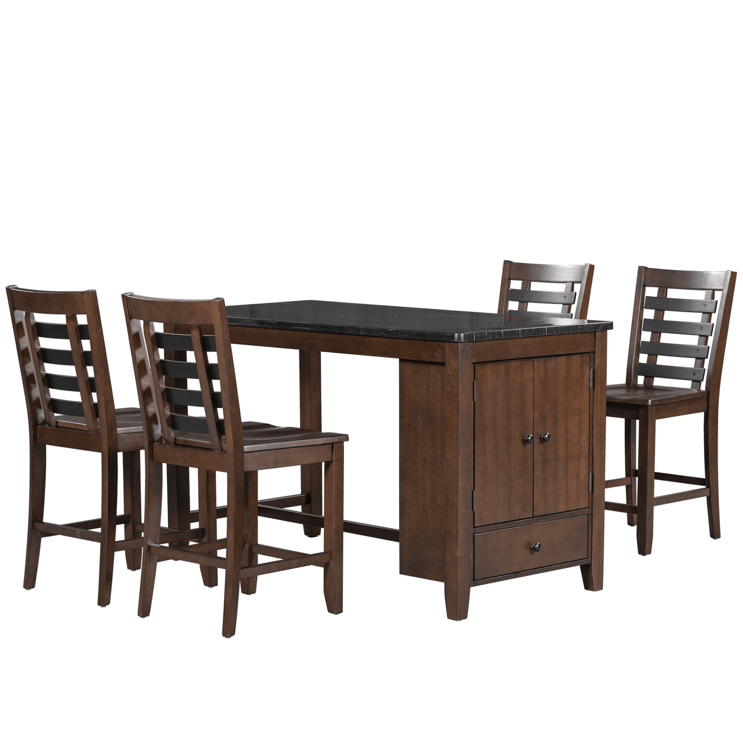 Counter Height 5 - piece Dining Table Set with Faux Marble Tabletop, Solid Wood Table Set with Storage Cabinet and Drawer, Dark walnut - CurtisJ Designs