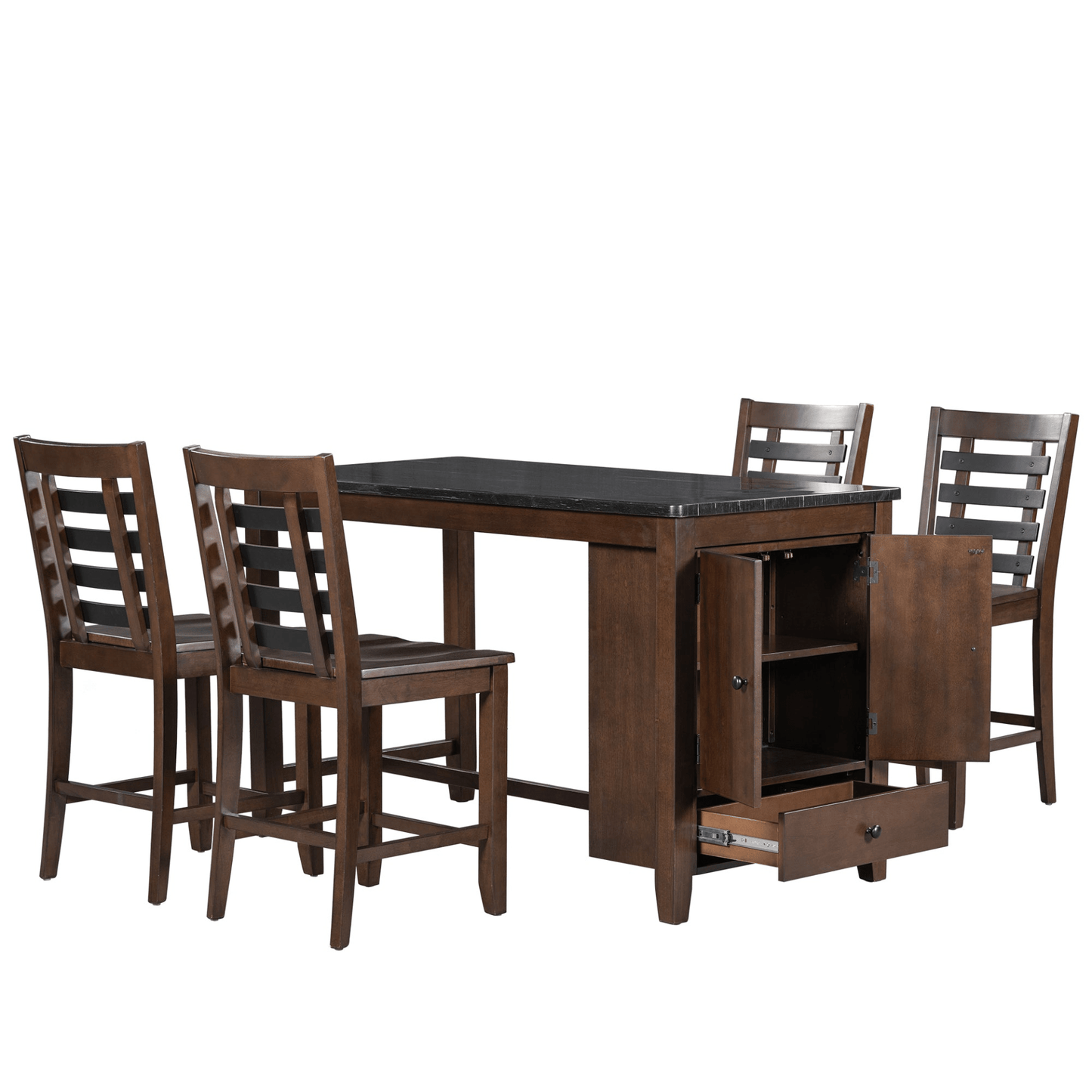 Counter Height 5 - piece Dining Table Set with Faux Marble Tabletop, Solid Wood Table Set with Storage Cabinet and Drawer, Dark walnut - CurtisJ Designs