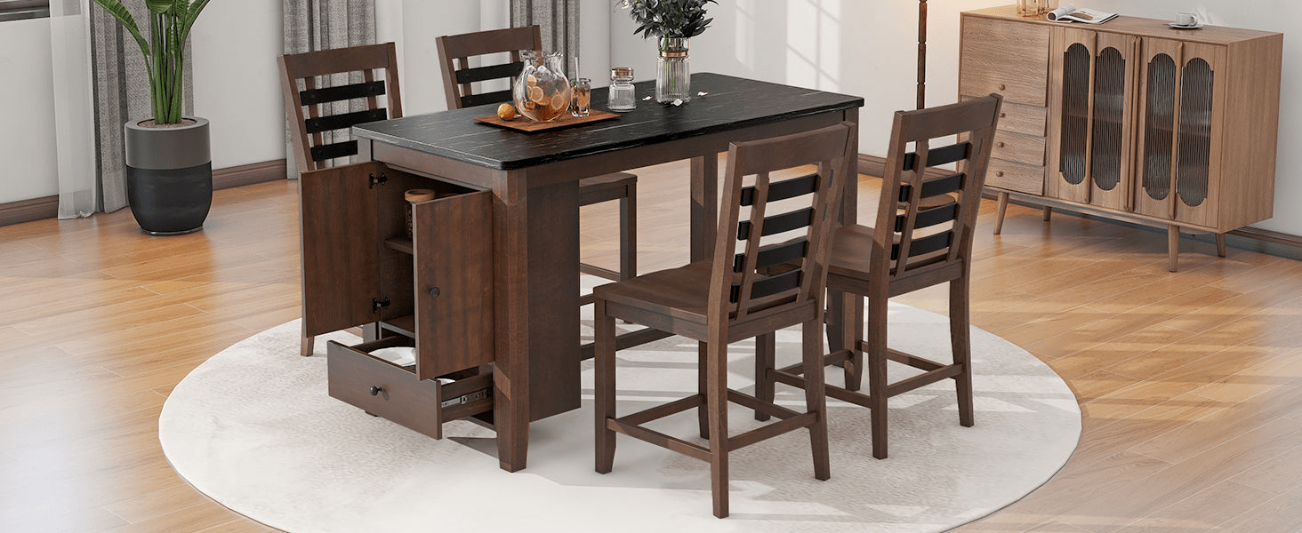 Counter Height 5 - piece Dining Table Set with Faux Marble Tabletop, Solid Wood Table Set with Storage Cabinet and Drawer, Dark walnut - CurtisJ Designs