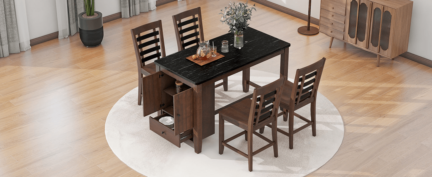 Counter Height 5 - piece Dining Table Set with Faux Marble Tabletop, Solid Wood Table Set with Storage Cabinet and Drawer, Dark walnut - CurtisJ Designs