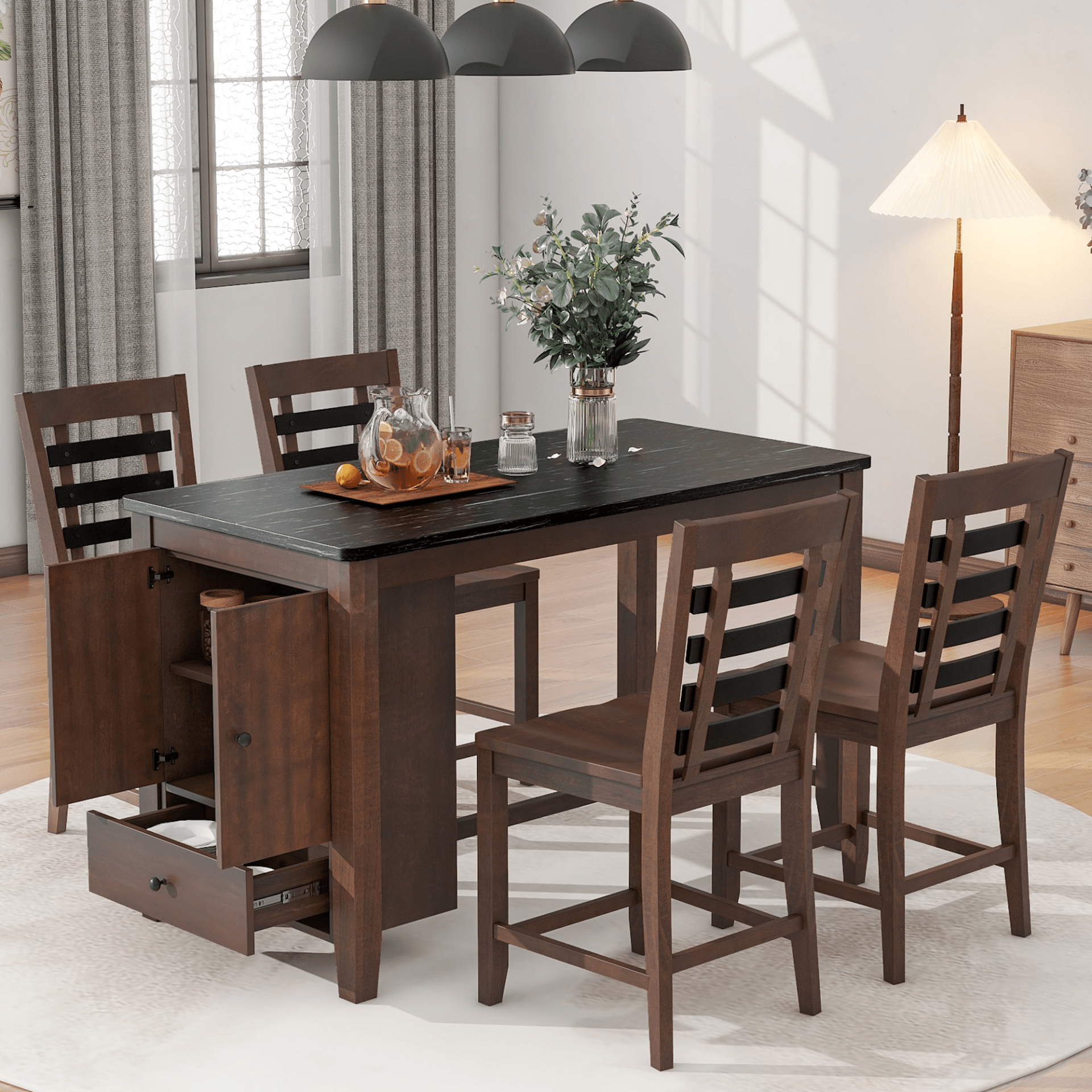 Counter Height 5 - piece Dining Table Set with Faux Marble Tabletop, Solid Wood Table Set with Storage Cabinet and Drawer, Dark walnut - CurtisJ Designs