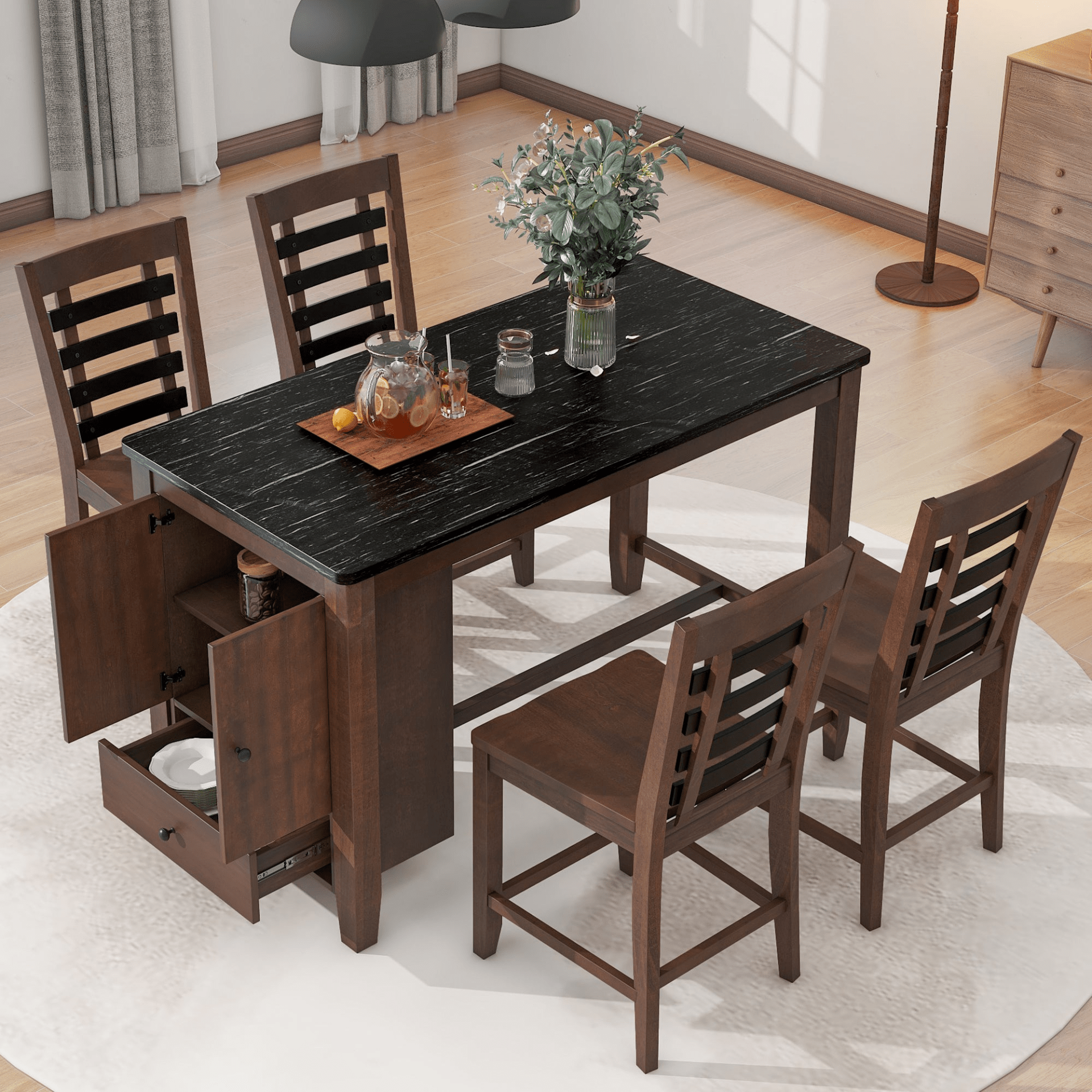 Counter Height 5 - piece Dining Table Set with Faux Marble Tabletop, Solid Wood Table Set with Storage Cabinet and Drawer, Dark walnut - CurtisJ Designs