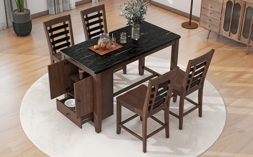 Counter Height 5 - piece Dining Table Set with Faux Marble Tabletop, Solid Wood Table Set with Storage Cabinet and Drawer, Dark walnut - CurtisJ Designs